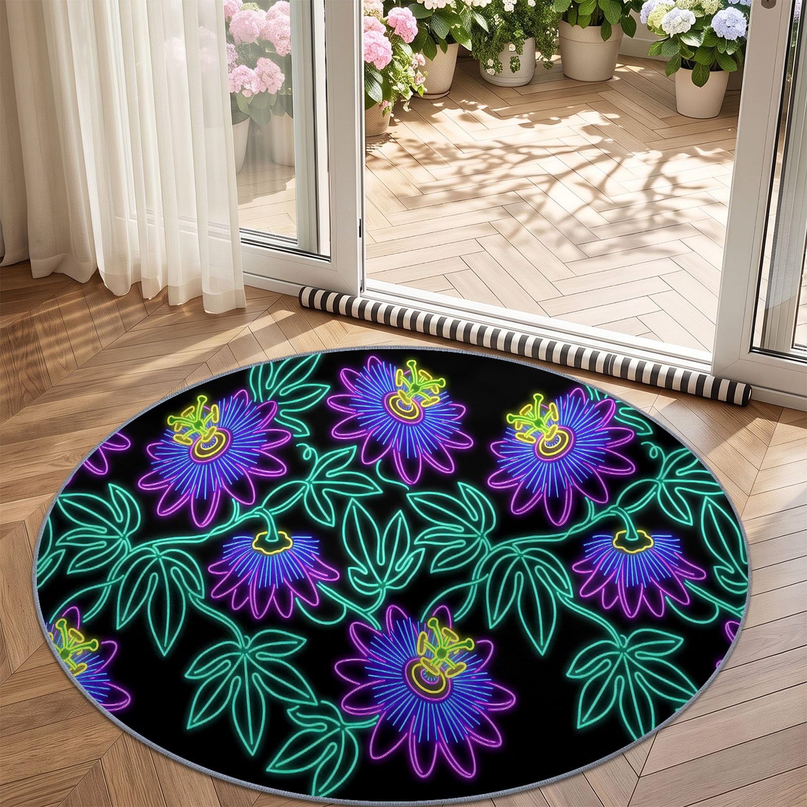 Tapis Rond Moderne Tropical 120 cm, Fleurs Feuilles Passiflore Néon Lavable en Machine pour Salon, Noir Multicolore Antidérapant, Poil Court Tapis Rond Imprimé pour Chambre d’Enfant Nurserie