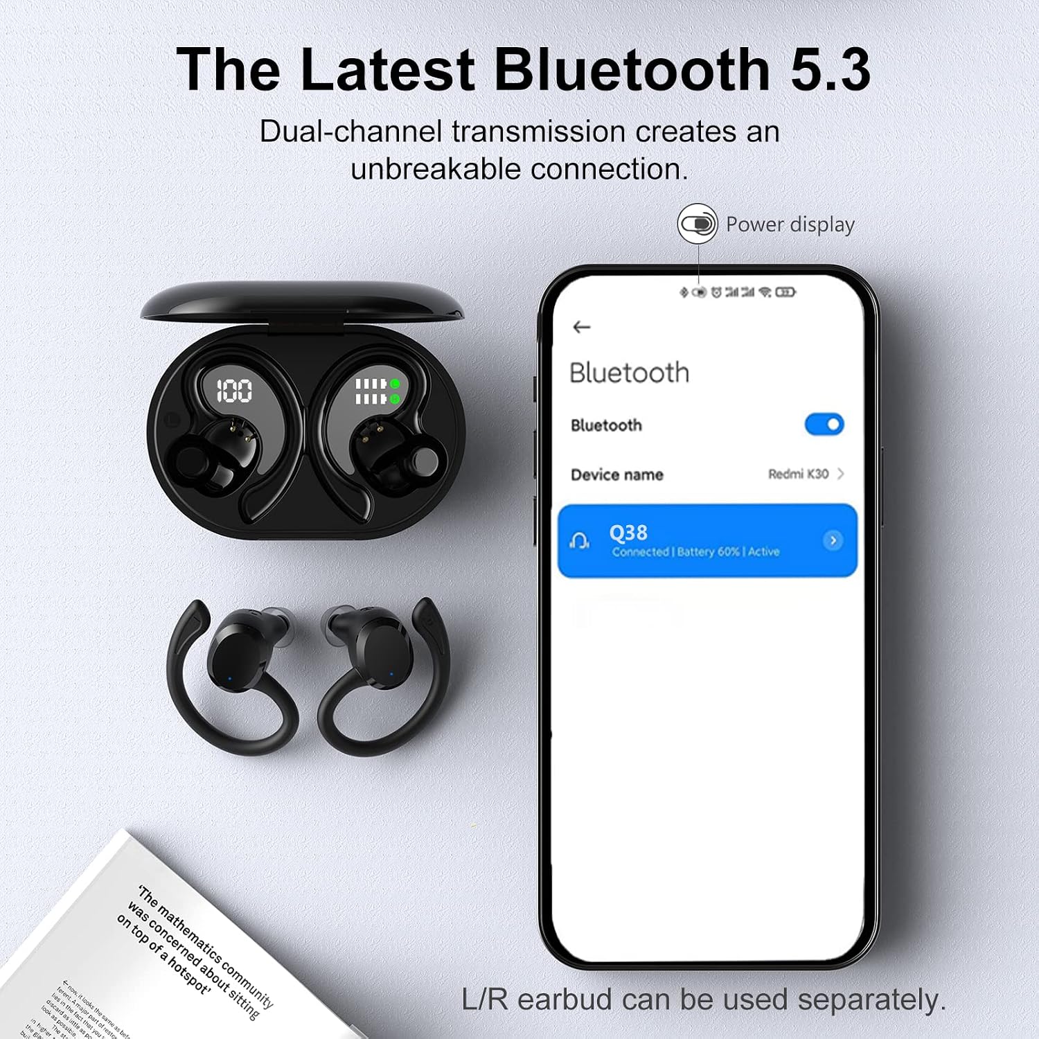 Wireless Earbuds Bluetooth Headphones, Bluetooth 5.3 Earbuds Sport Immersive HiFi Stereo Over Ear Buds, 48Hrs Earphones in Ear with Earhooks, HD Mic, IP7 Waterproof Headset for Workout Running [2023]