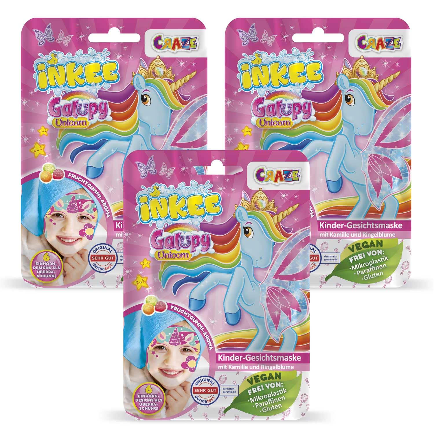 INKEE Gesichtsmaske Für Kinder – Galupy Einhorn-Motive – Mit Calendula & Kamille – 3 Stück Packung
