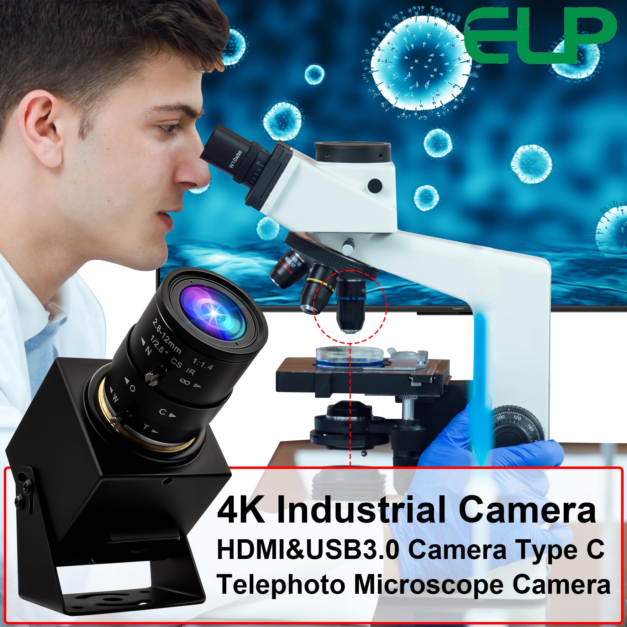 ELP Webcam USB 3.0 4K 60fps - Uscita HDMI per TV/Monitor - Zoom Manuale - Videoconferenza PC Camera ad alta velocità - Messa a fuoco variabile H.264