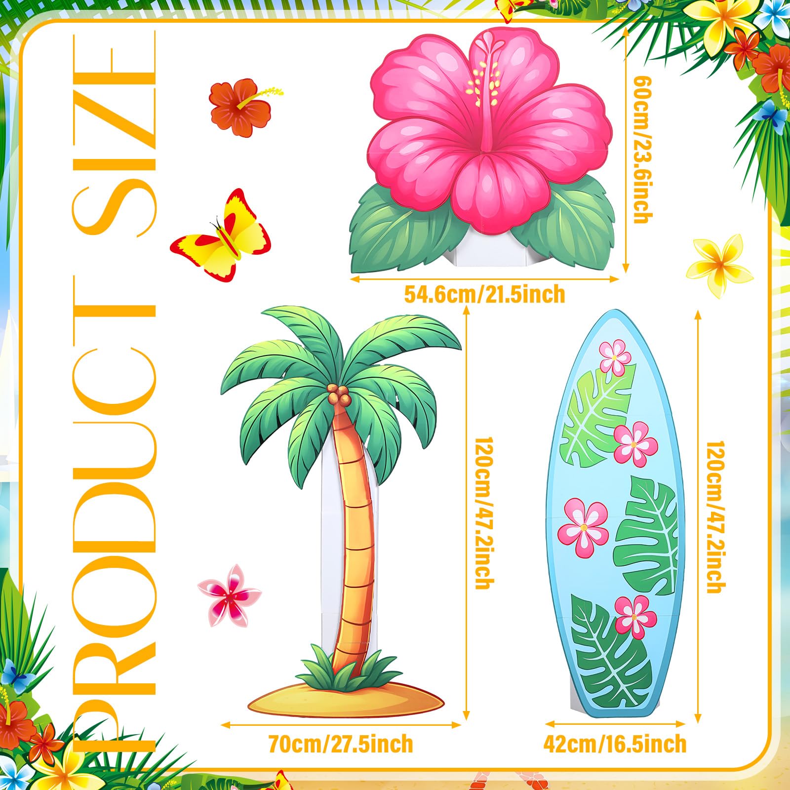 Jenaai Tropische Luau-Party-Dekoration, Strand-Hawaii-Partyzubehör, beinhaltet 2 blaue Folien-Fransenvorhänge, 3 große Surfbrett- und Palmen-Karton-Dekor, Papierbanner für hawaiianischen