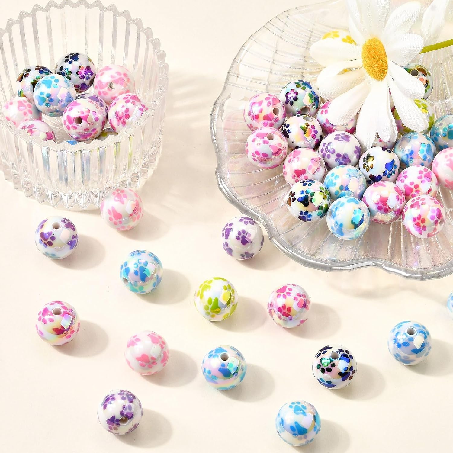 LiQunSweet 50 pcs AB Color 15.5mm Paw Print Round Acrylic Beads Cat Pet Claw Chunky Bubblegum Beads for DIY Jewelry Bracelet Necklace Earring Crafts Bag Keychain Phone Decor image 5