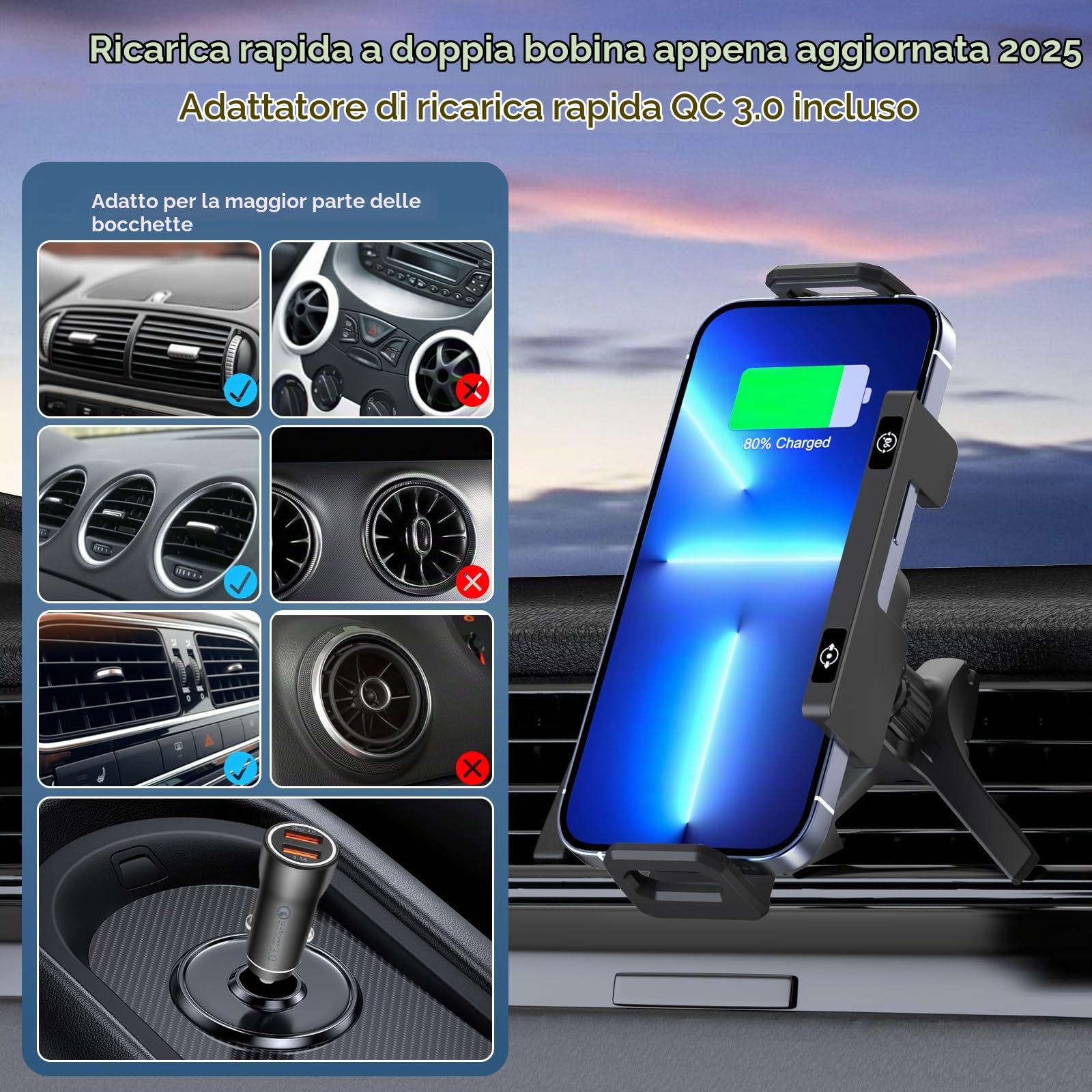 Supporto per cellulare auto per Galaxy Z Fold 7 6 5 4 3 2 con funzione di ricarica 15 W Dual Coils QC 3.0 Fast Wireless Charger Auto per Z Fold può ruotare automaticamente il supporto auto