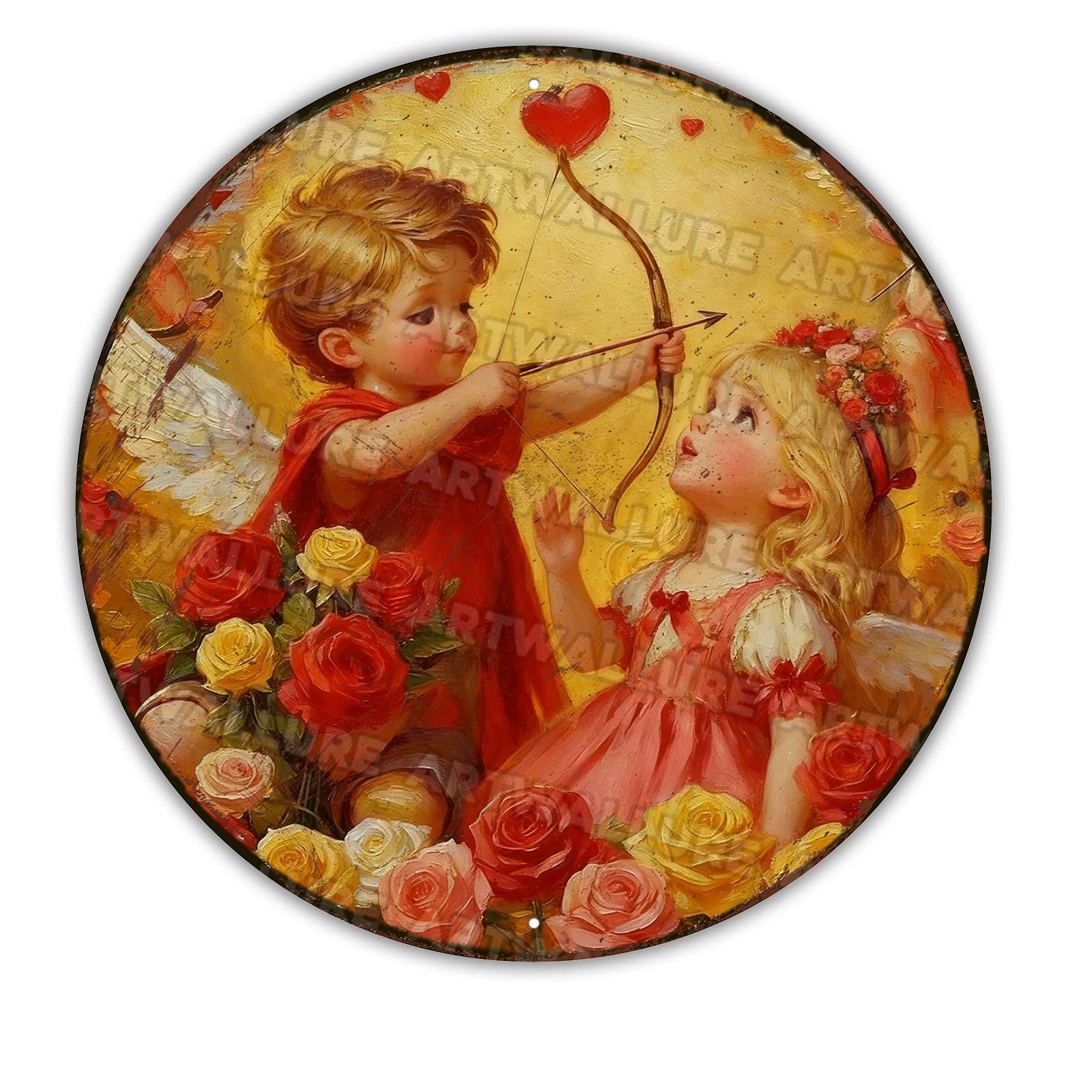 Round Valentine Cupid And Rose Metal Sign Round Rustic Design For Garage Cafe Bar Club Living Room Wall Decor Romantic Farmhouse Style 12x12Inch
