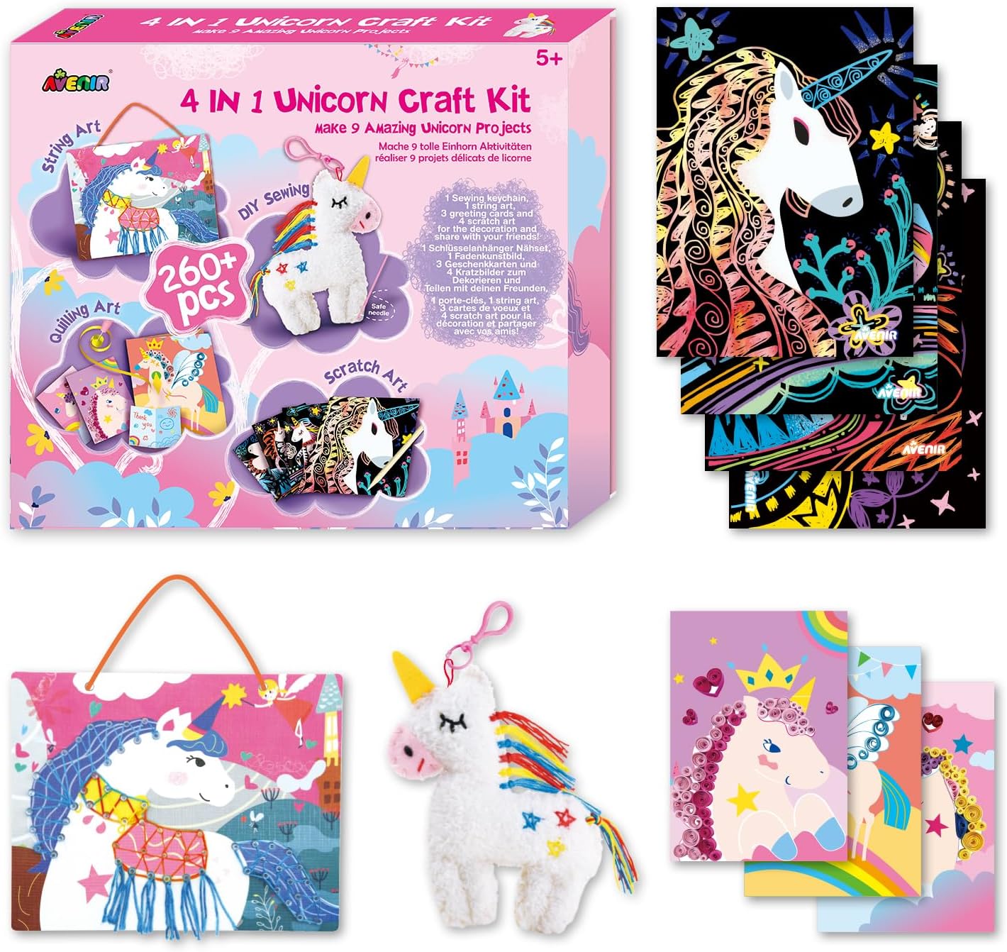 Avenir Unicorn Sewing Kit Scratch Paper Art for Ages 5+ Kids Craft Activity Kit, Make 9 Amazing Unicorn Projects for Girls and Boys Gift