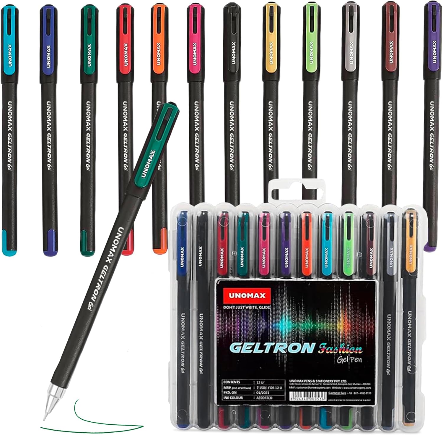 UNOMAX Geltron Fashion Gel Pen - Pack of 12, Assorted Colours | Elevate Your Writing Experience: Super Smooth Writing, Matt Finish, Waterproof Ink Technology | Professional | Budget-Friendly