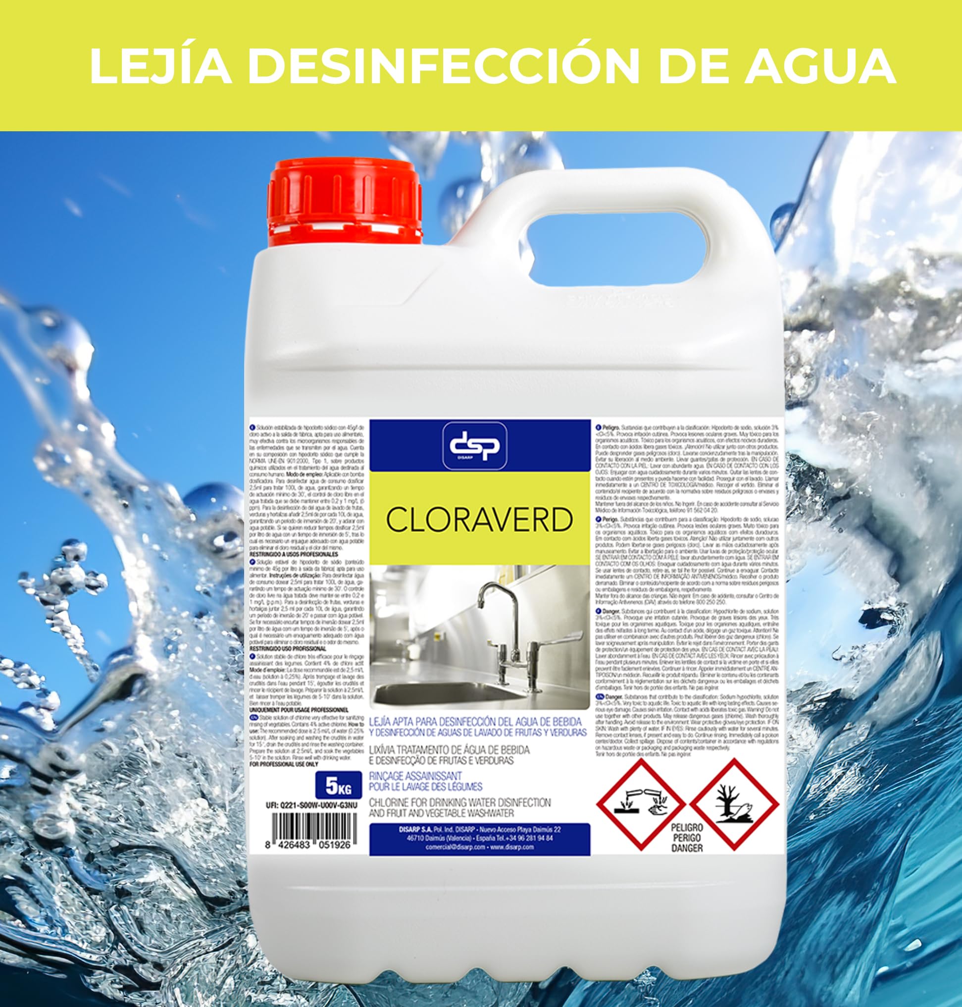 CLORAVERD SOLUCIÓN DE HIPOCLORITO APTA PARA USO ALIMENTARIO ENVASE 5L