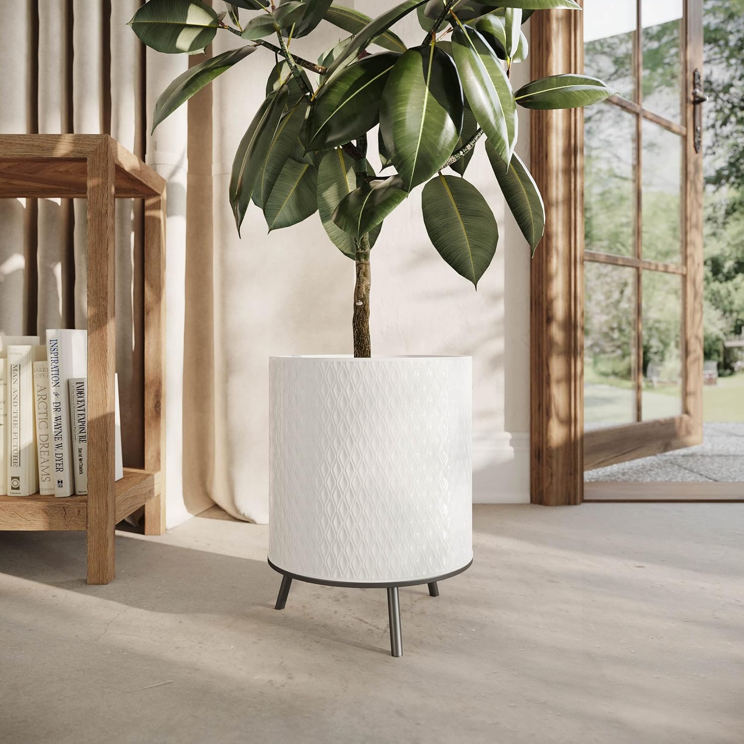 EverNest Claire Honeycomb Neutral Modern White Planter with Nyra Stand, Indoor Plant Pots, SelectBase, Mid-Century Modern, Boho Style Home Decor for Plants (Medium, Black)