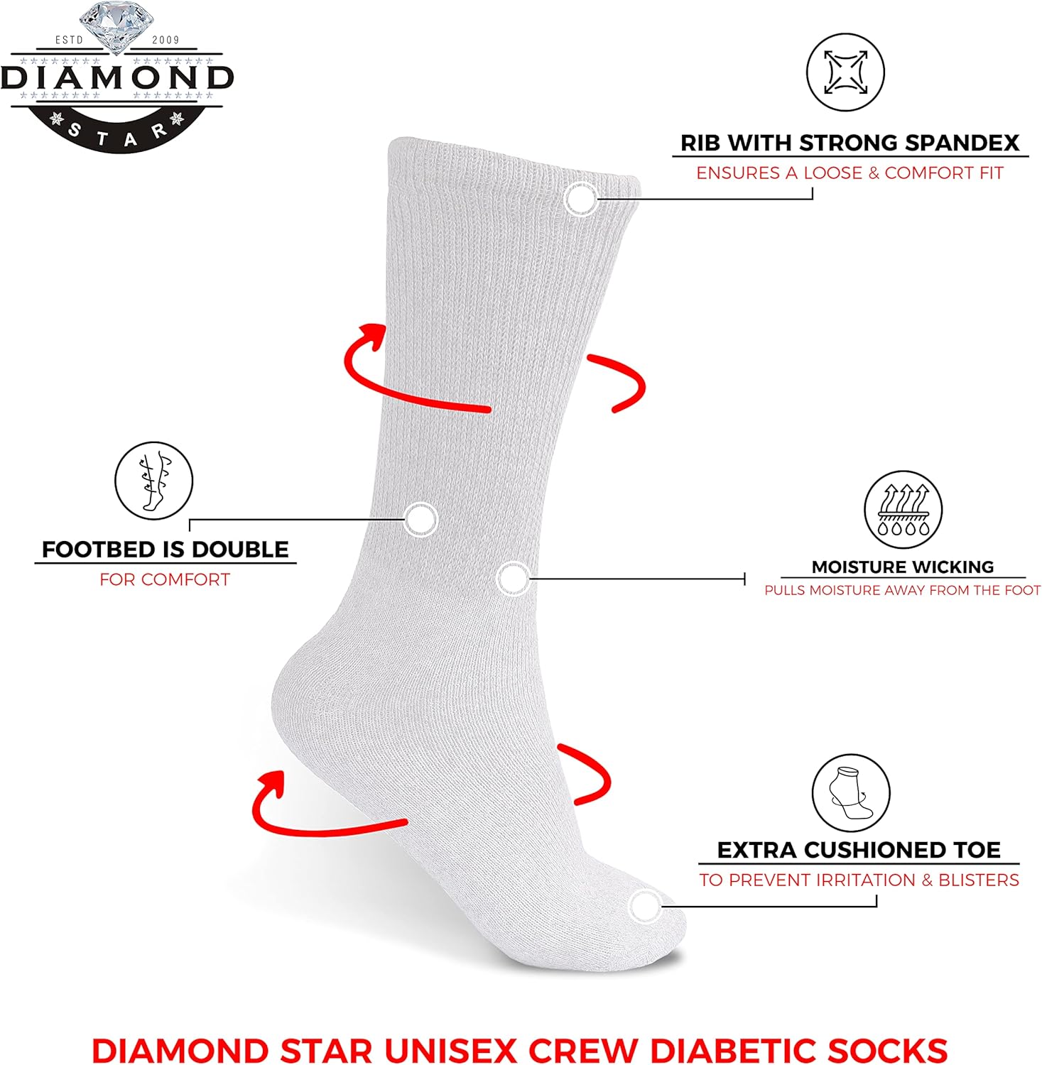 Diamond Star Diabetic Socks, Non-Binding Circulatory Cushion Cotton Crew Diabetic Socks for Men Women - Image 3