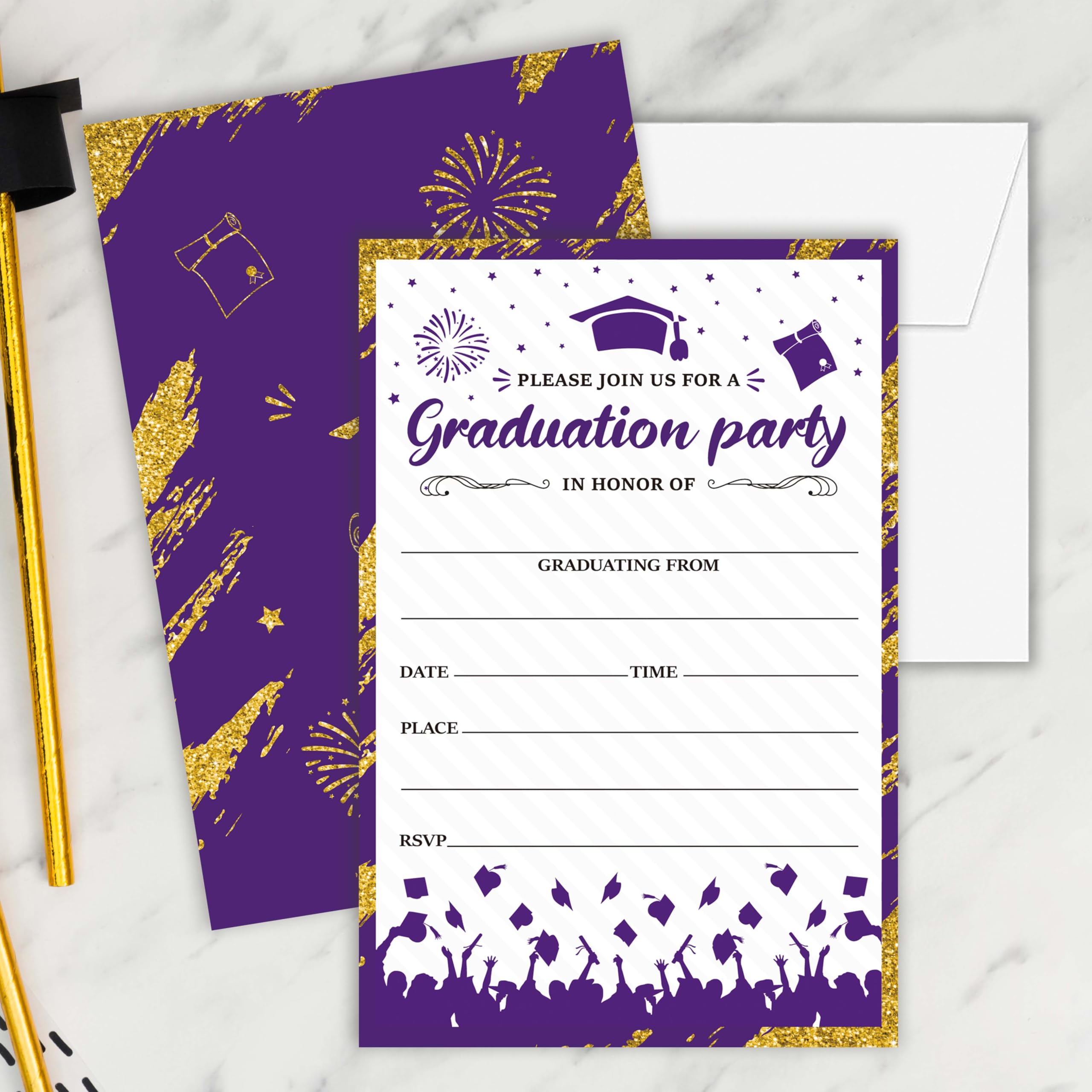 Cazhes Graduation Invitations 2026, 25 Party Invitation Cards with Envelope, 4"x6" Purple Gold Grad Announcement Invites, Graduate Celebration Favor