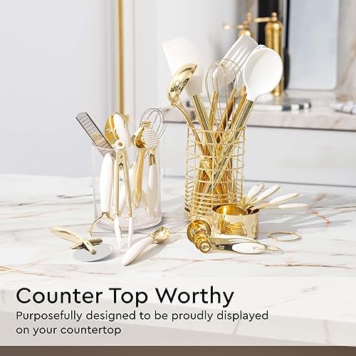 Miniatura 8 de Juego de utensilios de cocina blancos y dorados, 23 piezas de accesorios de cocina de lujo blanco y dorado, incluye tazas medidoras y cucharas