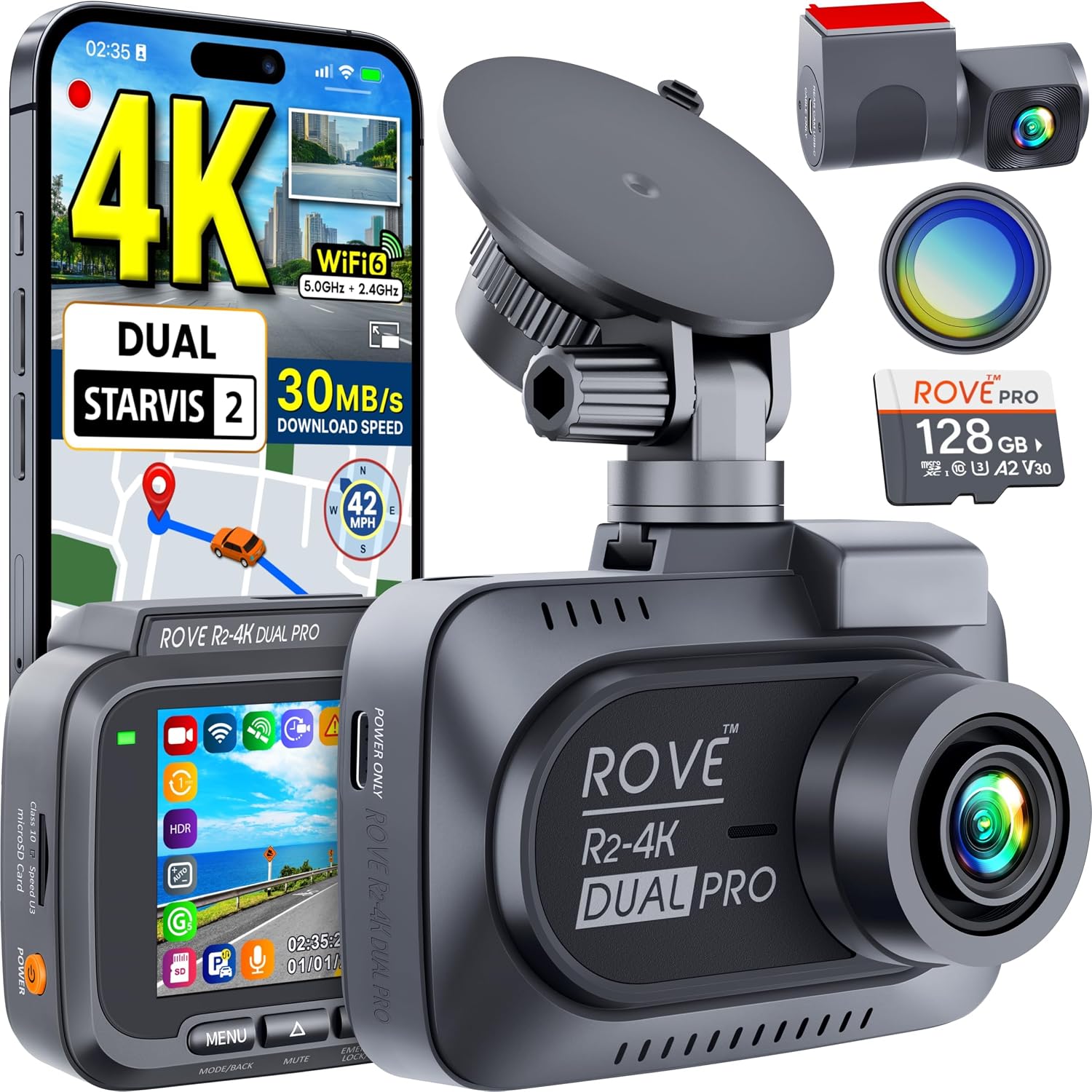 ROVE R2-4K Dual PRO Dash Cam Front and Rear, 4K+2K Dash Camera for Cars, Dual STARVIS 2 IMX678 and IMX675 Sensors, Free 128GB Card and CPL, WiFi 6, GPS, 24Hr Parking Mode