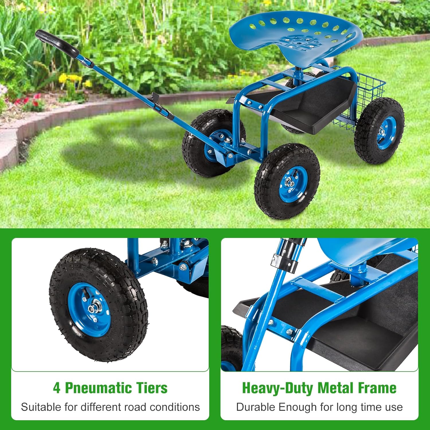 kinbor Garden Cart Rolling Work Seat with Tool Tray Outdoor Utility Lawn Patio Yard Wagon Scooter for Planting with Adjustable Handle 360 Degree Swivel Seat, Blue
