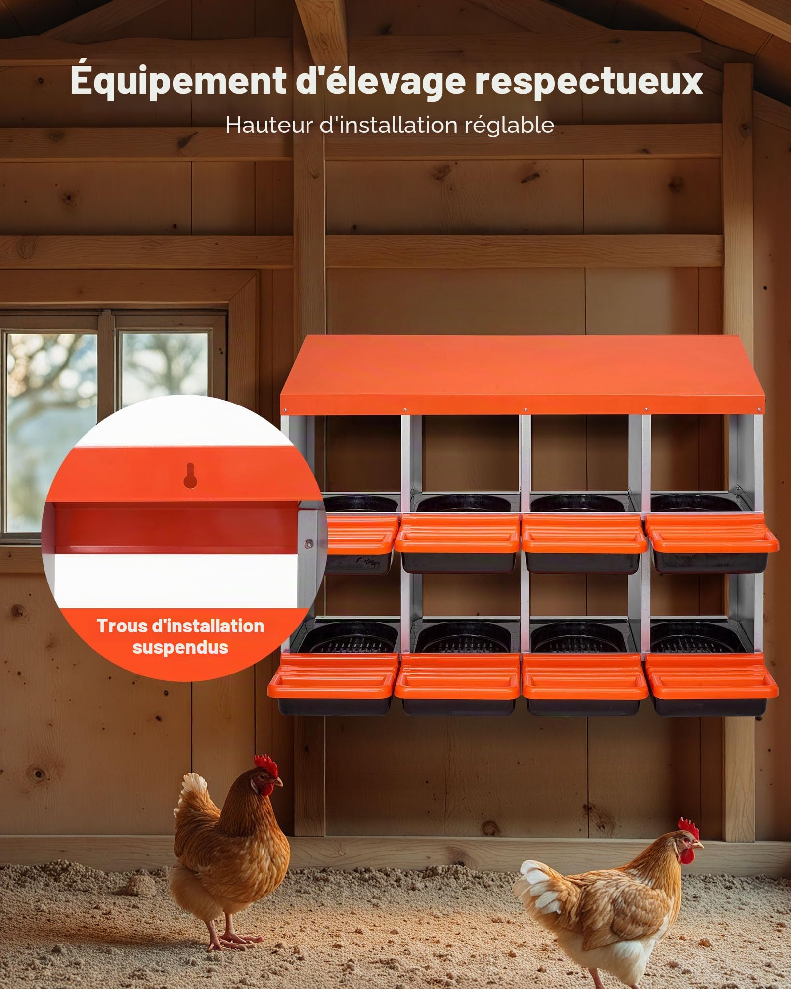 VEVOR Pondoir à Poules, 8 Compartiments, Nichoir en Métal à 2 Niveaux, avec Plateau Incliné, Couvercles de Protection, Espace de Ponte Spacieux, pour Différentes Races de Poules, Canards, Volailles