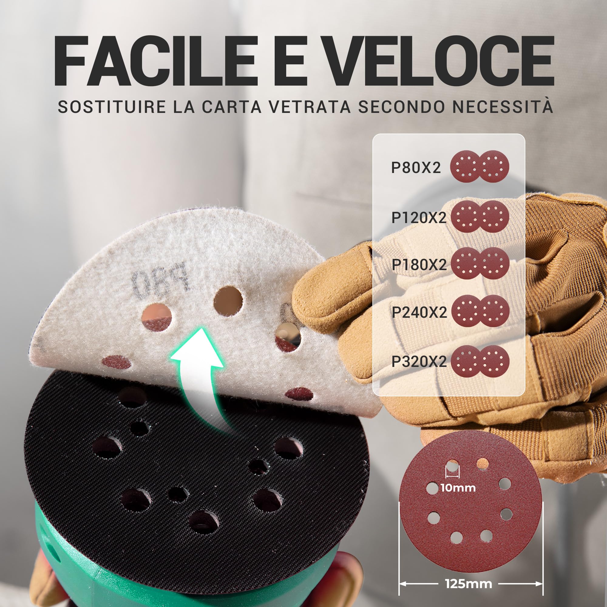 DCA Levigatrice Orbitale 300W, 6 Velocità Variabili 12000RPM Levigatrice Rotorbitale, Collecteur de Poussière, 10psc 125MM Dischi Abrasivi per la Lavorazione del Legno, Levigatura, Lucidatura, DIY