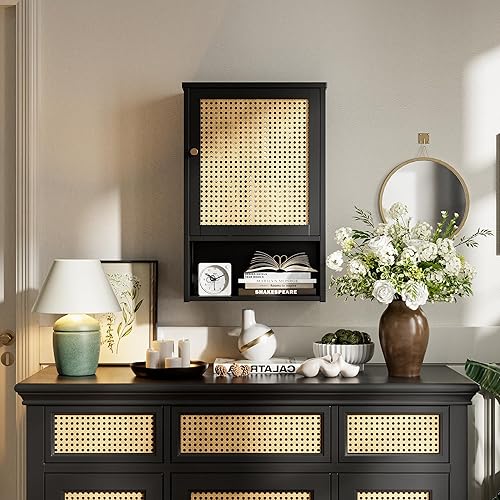 Miniatura 9 de Armario de pared de baño, organizador de almacenamiento de bambú sobre el inodoro con puertas de ratán y estante ajustable, botiquín ahorrador de