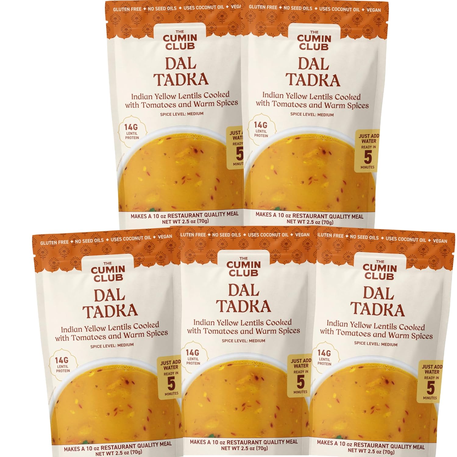 The Cumin Club Dal Tadka (Yellow Lentils) - Authentic & Flavorful Indian Meal, Ready to Eat Dal with Mild Spices, Easy 5-Minute Vegetarian Friendly Indian Food, All-Natural, No Preservatives - Pack of 5