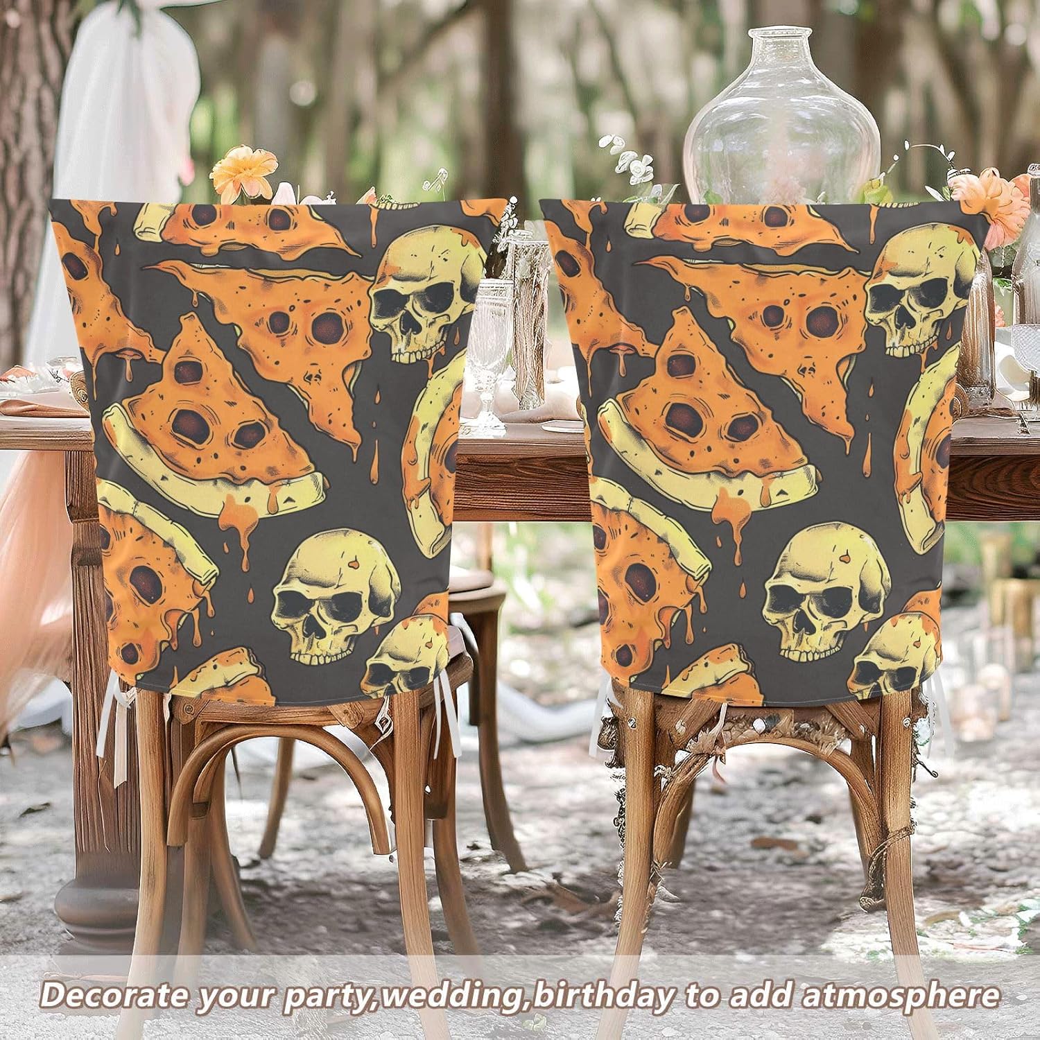 ALAZA Pizza Skulls Chair Back Cover Set of 6, Washable Reusable Removable Chair Slipcovers Decorative Chair Cover for Home Kitchen Wedding Party