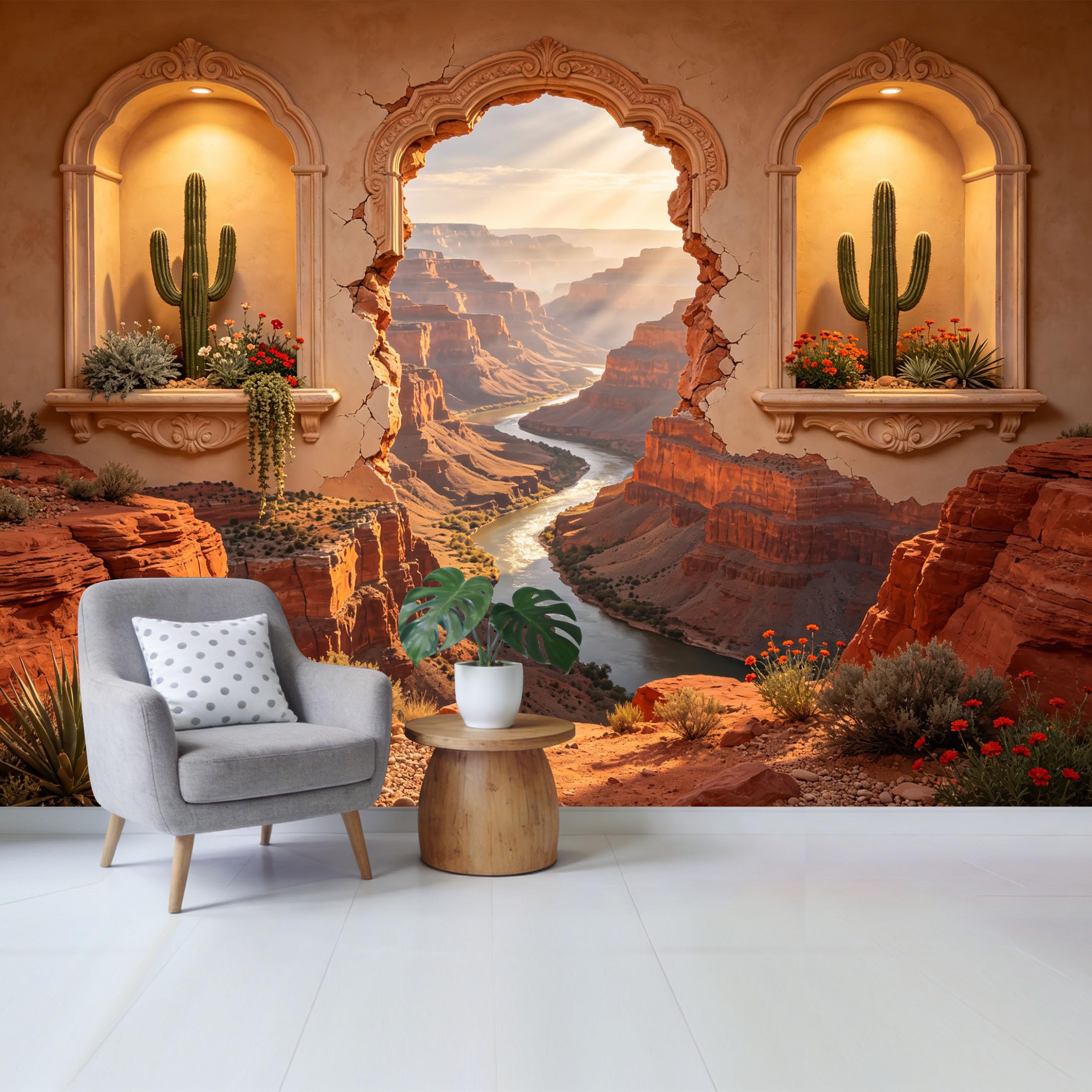 Removable Self Adhesive Fabric Mural， Canyon River Sunset Desert Botanical Custom Size Wall Covering， UV Protected Waterproof Washable Wall Decor for Living Room Bedroom Bathroom