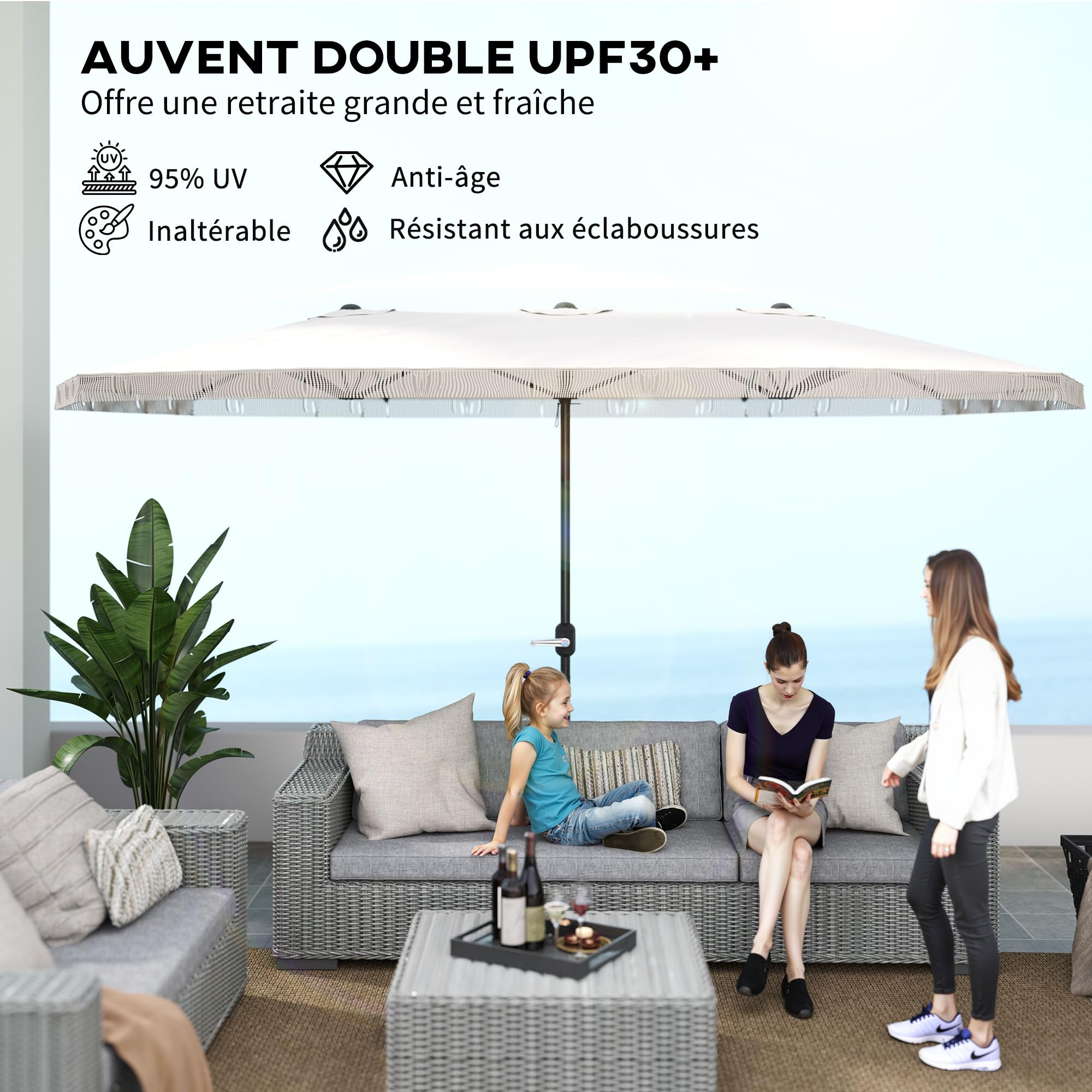 Outsunny Zewnętrzny parasol ogrodowy, podwójny prostokątny, 4,5 x 2,65 x 2,6 m z otworem korbowym i frędzlami, płótno 180 g/m², parasol na balkon, basen, taras, kremowy