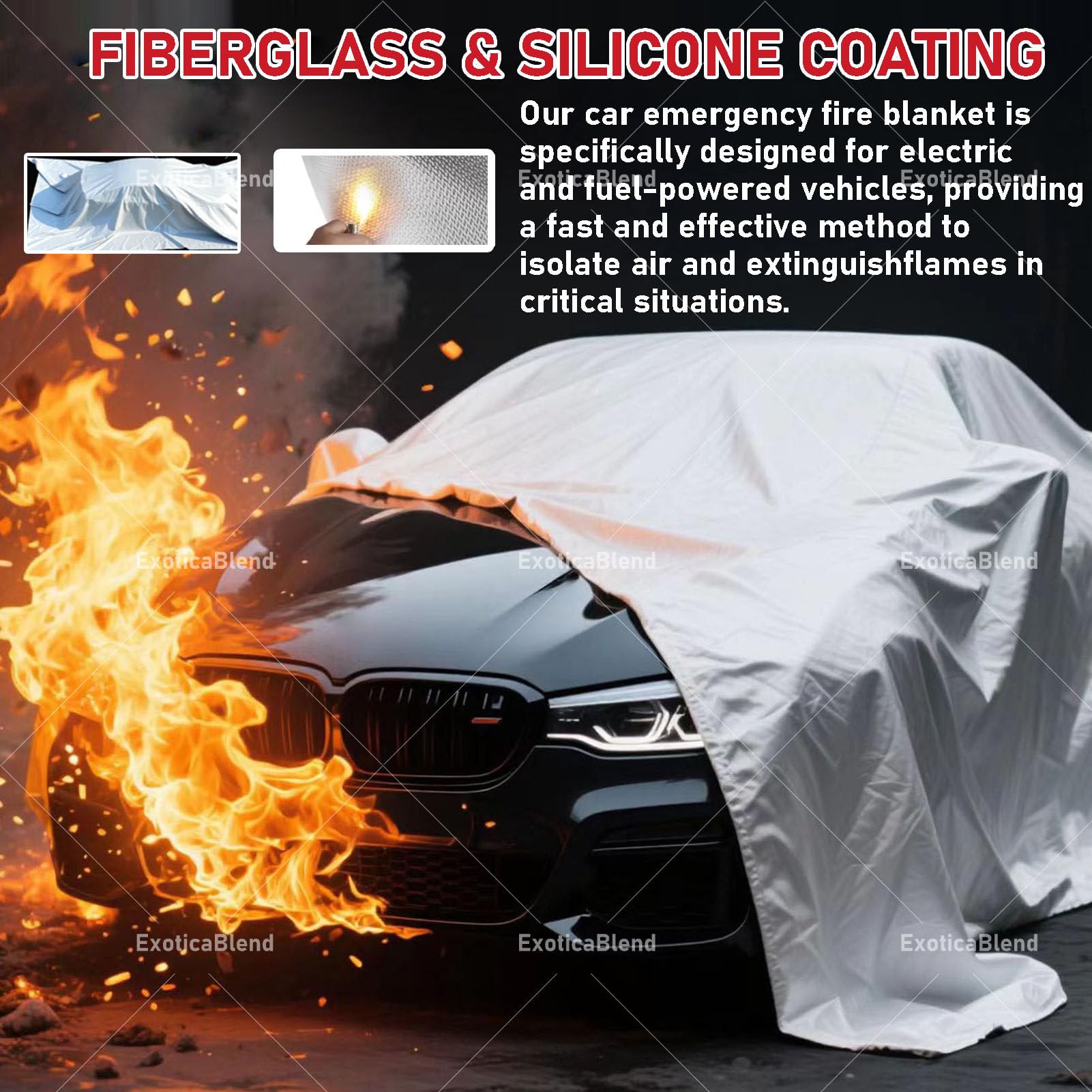 Manta Ignífuga para Coche, Mantas Ignífugas de Emergencia para Coche, Manta Extintora para Vehículos Eléctricos, Camiones y Automotores (Fibra de Vidrio + Silicona de Doble Cara) 3x4m