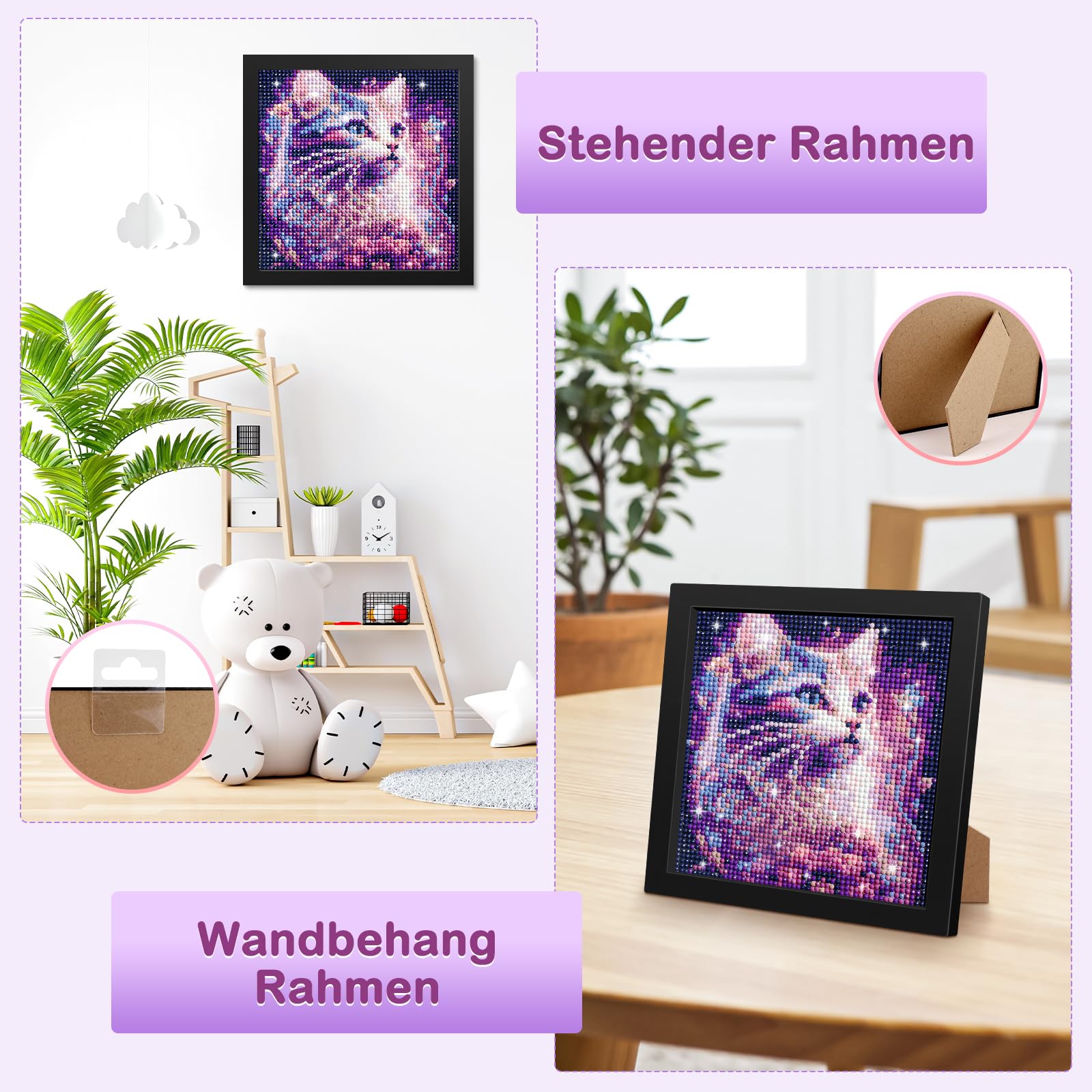 Diamond Painting Kinder Mit Holzrahmen, 5D DIY Diamond Painting Set Full Katze Mosaikherstellung für Kinder Mädchen, Erwachsene, Diamant Painting Bilder Arts Craft für Home Wand Decor 18x18 cm (MA
