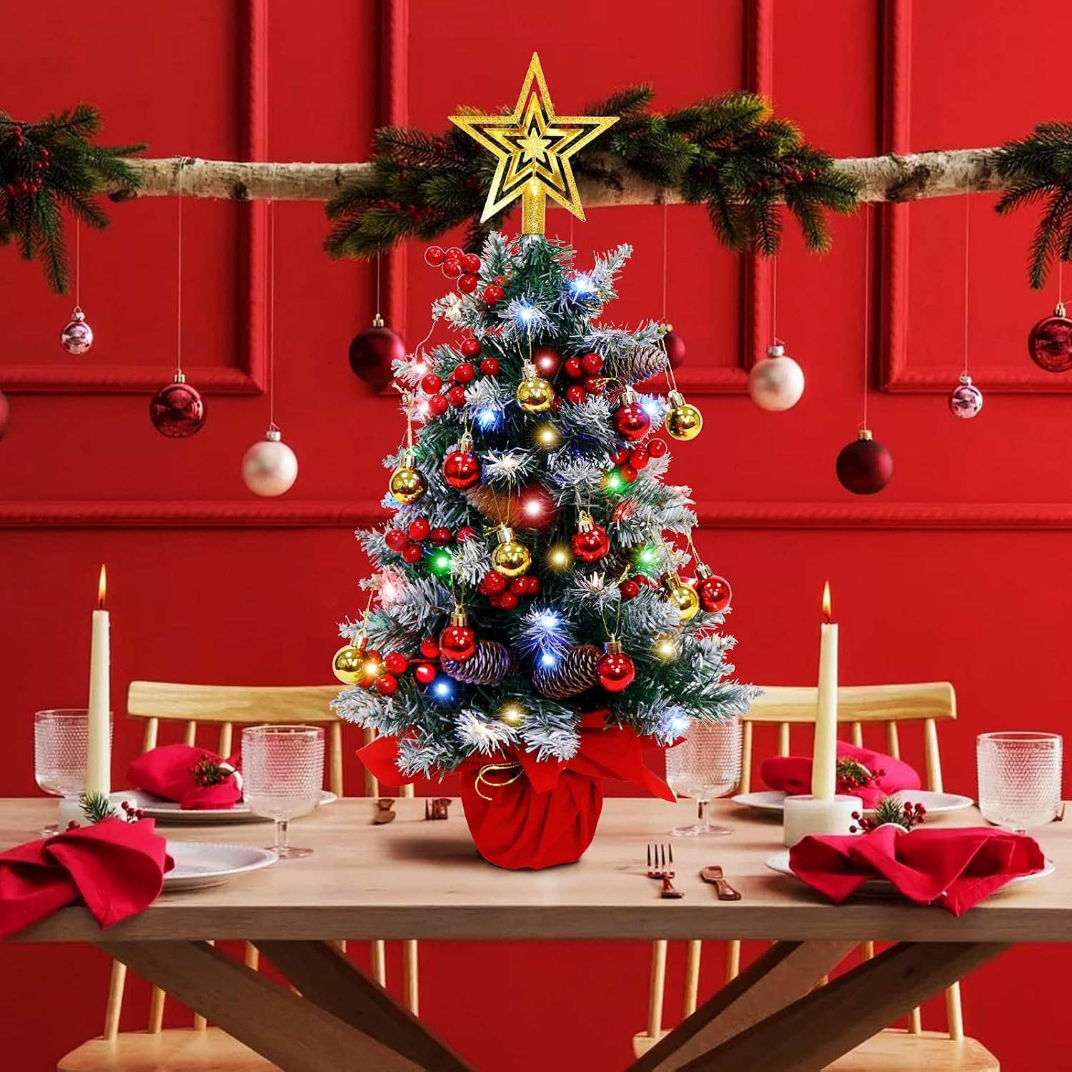 Mini Artificial Tabletop Christmas Tree - 24 Inches, 40 LED Lights, Small Xmas Tree with Christmas Ball Ornaments