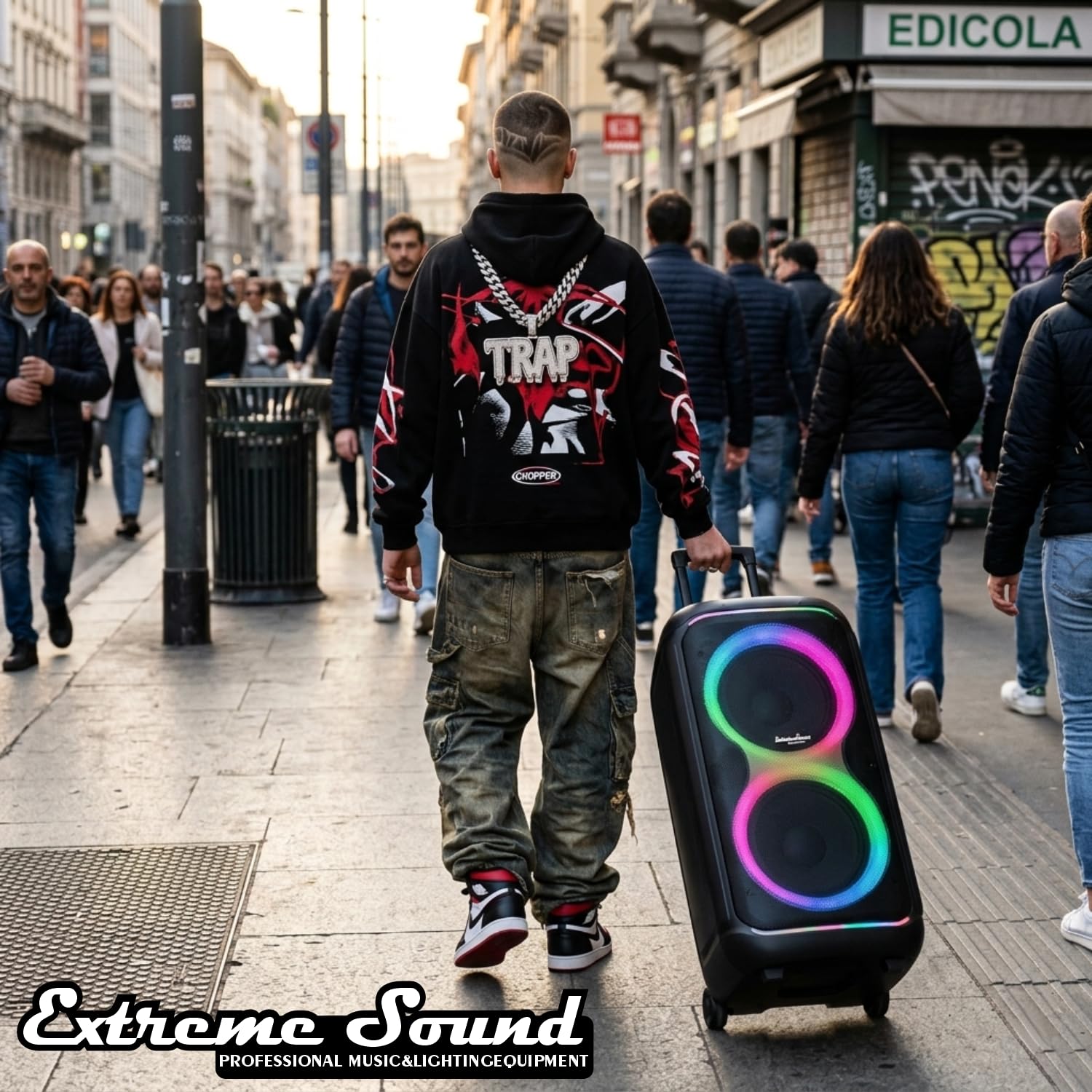 Extreme Sound Cassa audio Trolley doppio Woofer 10" pollici con Microfoni Wireless, Bluetooth, Batteria Ricaricabile Alta Potenza - AMPLIFICATA - Cassa per Eventi - Karaoke e artisti di strada