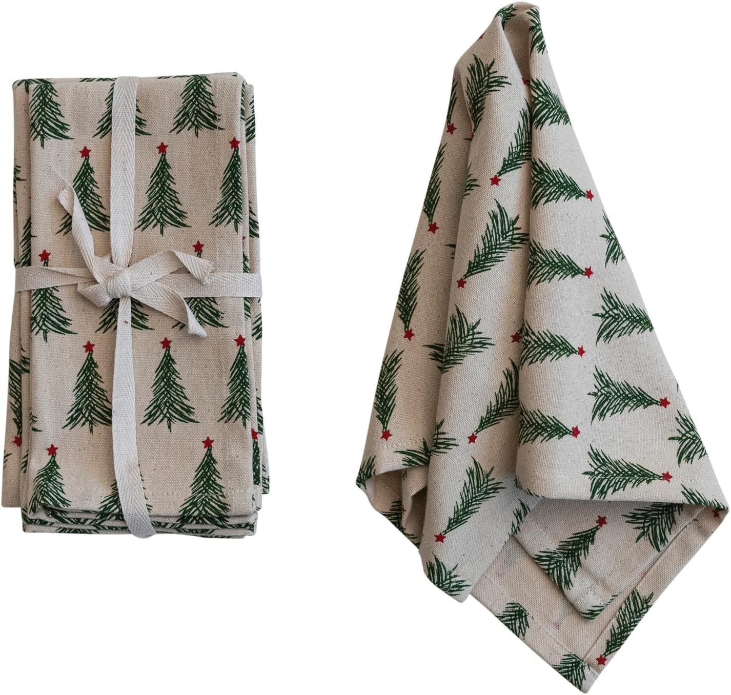 Creative Co-Op Stonewashed Cotton Napkins with Christmas Tree Print, Natural, Green and Red, Set of 4