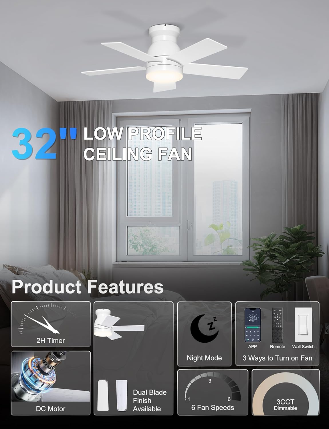 32'' Small Ceiling Fan with Light, Mini Low Profile Flush Mount Fan for Hallway & Closet, Quiet DC Motor, Modern Tiny Space Ceiling Fan with App/Remote Control, White