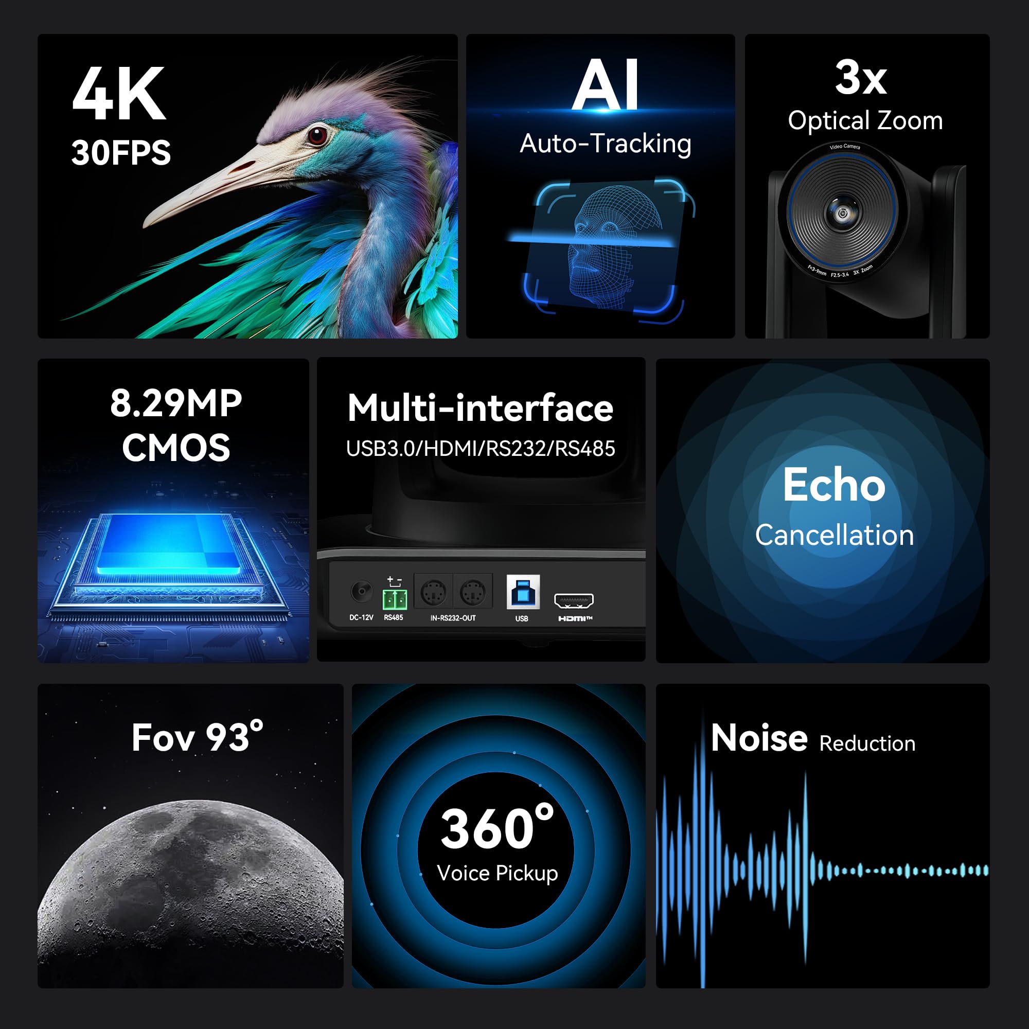 Tenveo Système de Caméra de Conférence 4K PTZ avec Haut-Parleur Bluetooth, 3X Zoom Optique AI Tracking, USB3.0/HDMI, 93° Grand Angle pour Vidéoconférence Réunions Église Éducation Zoom/Teams/OBS