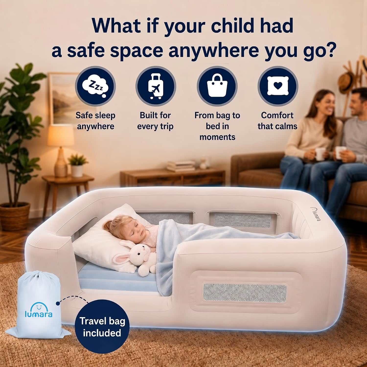 LUMARA Inflatable Toddler Travel Bed with 4-Sided Safety Bumpers – Portable Toddler Bed for Kids with Electric Pump & Carry Bag – Toddler Air Mattress