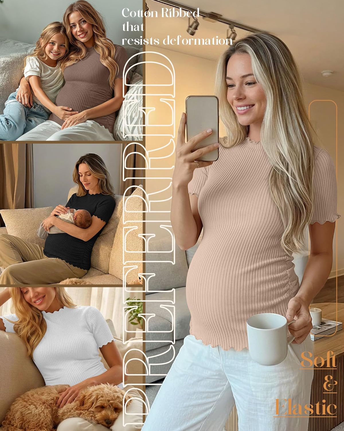 4 Pack Women's Maternity Shirt Short Sleeve Ribbed Knit Tunic Tops Crew Neck Pregnancy Side Ruched Casual Clothes - Image 3