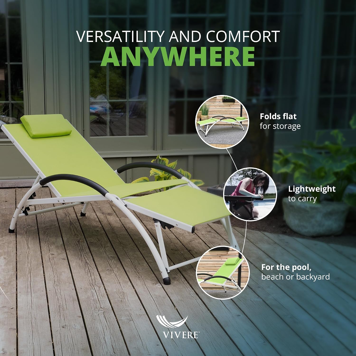 Vivere Dockside Aluminum Outdoor Lounge Chair, Adjustable Reclining Pool Lounger with Headrest & Footrest, Folding Patio Tanning Chair, Green Apple