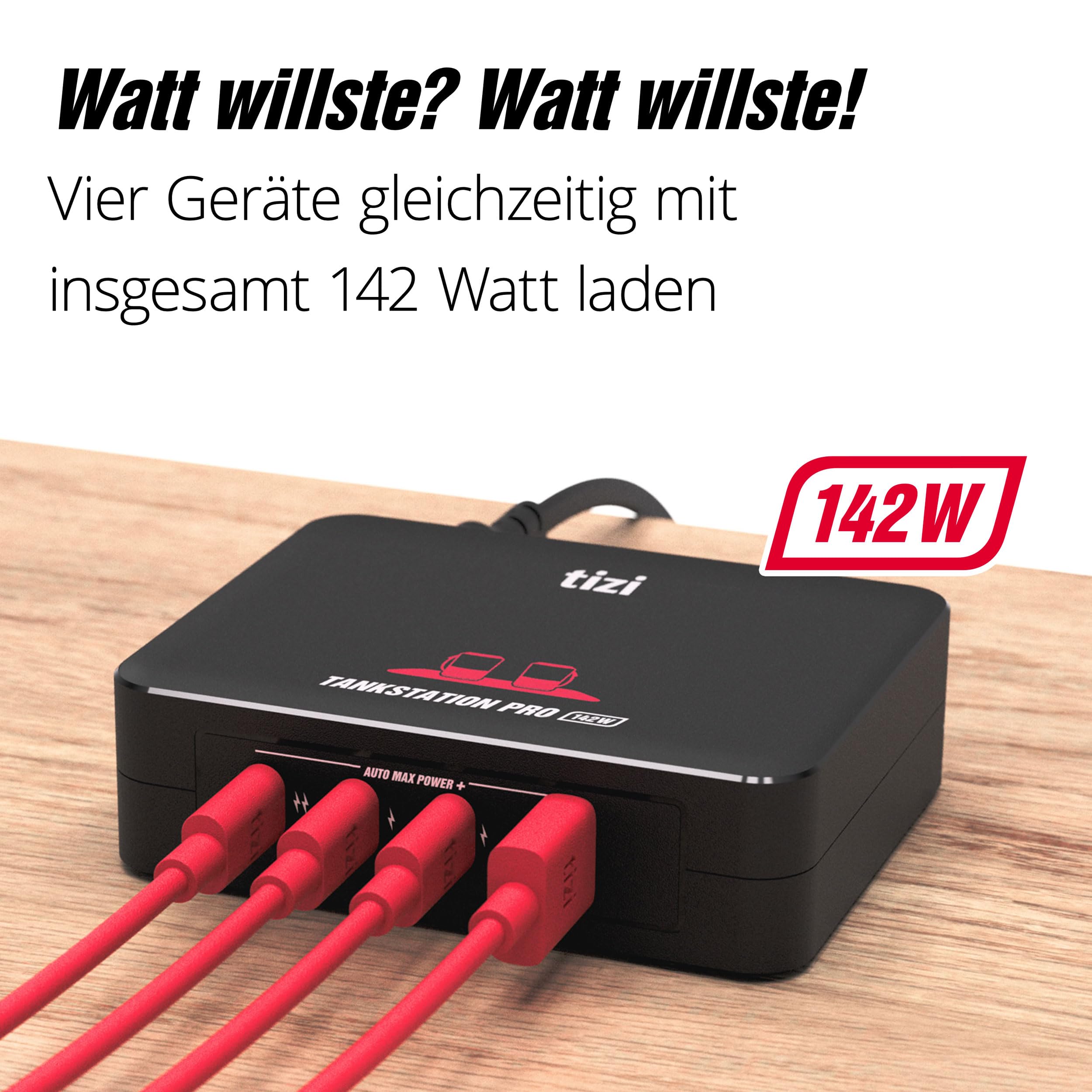 tizi Tankstation Pro (142W) - 4 Anschlüsse Ladegerät, neueste GaN Power Delivery, 4-Port USB-C PD Netzteil für Schreibtisch, Reisen mit Wechselsteckern, kompatibel mit Apple MacBook Pro, iPad, iPhone