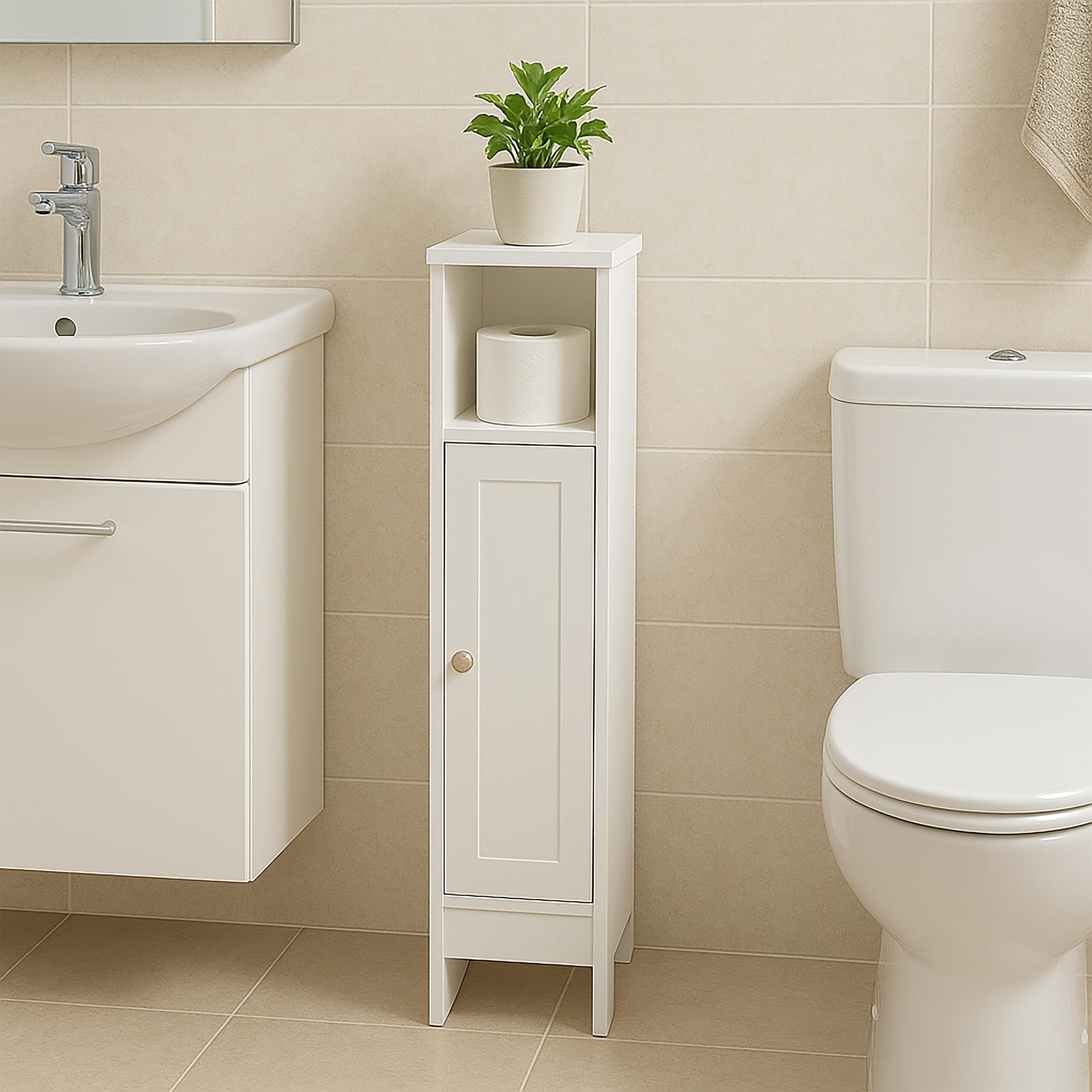 Armoire de Salle de Bain Relaxdays 5 Compartiments 80×18×20 cm, Fermeture magnétique, Style Rustique, étroite, Blanche