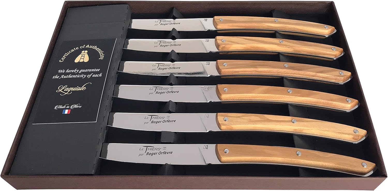 ROGER ORFEVRE Laguiole Made in France Le Theirs Premium Straight Edge Sharp Full Tang Stainless Steel 6-Piece Steak Knife Set, Olive Wood Handles