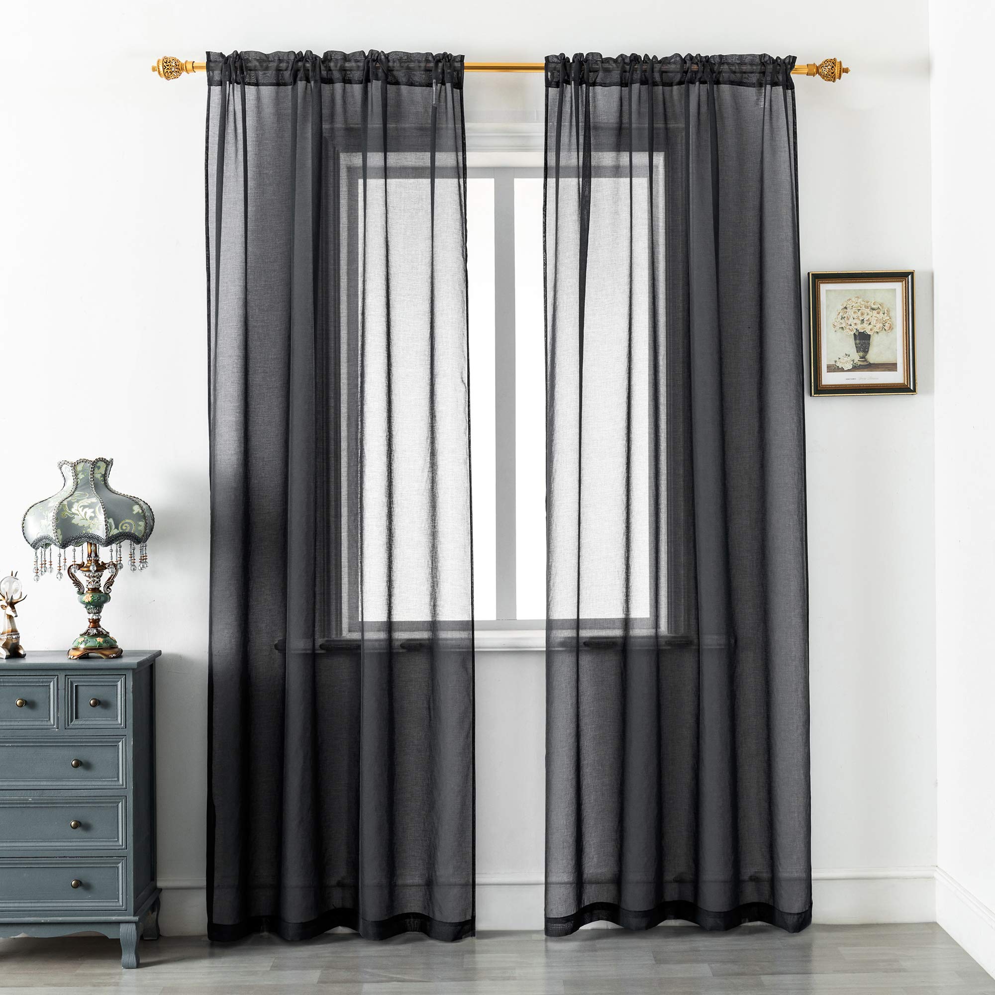 DUALIFE Black Sheer Curtains 84 Inch Length for Living Room Voile Faux Linen Drapes Rod Pocket Light Filtering Window Semi Sheer Textured Floor Length Curtains for Bedroom 52x84 Inch 2 Panels