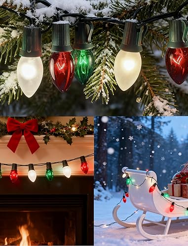 Miniatura 8 de Luces de Navidad C9 rojas, blancas y verdes al aire libre, 25 pies, luces vintage para árbol de Navidad con 26 bombillas C9 transparentes Rojo