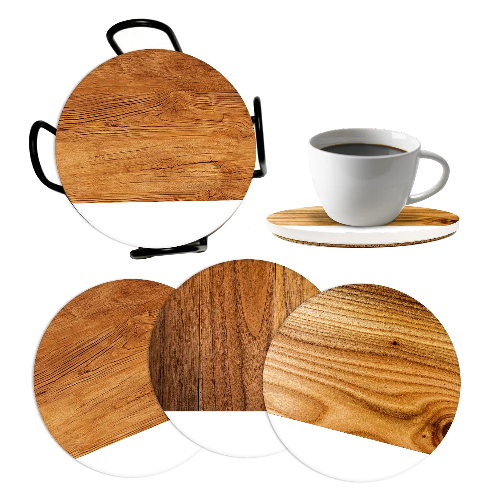 Britimes Coaster for Drinks Set of 6, Wooden Wood Grain Home Skin Absorbent Round Ceramic Stone Mat, with Cork Base and Metal Holder, Gift for Housewarming Room Bar Decor