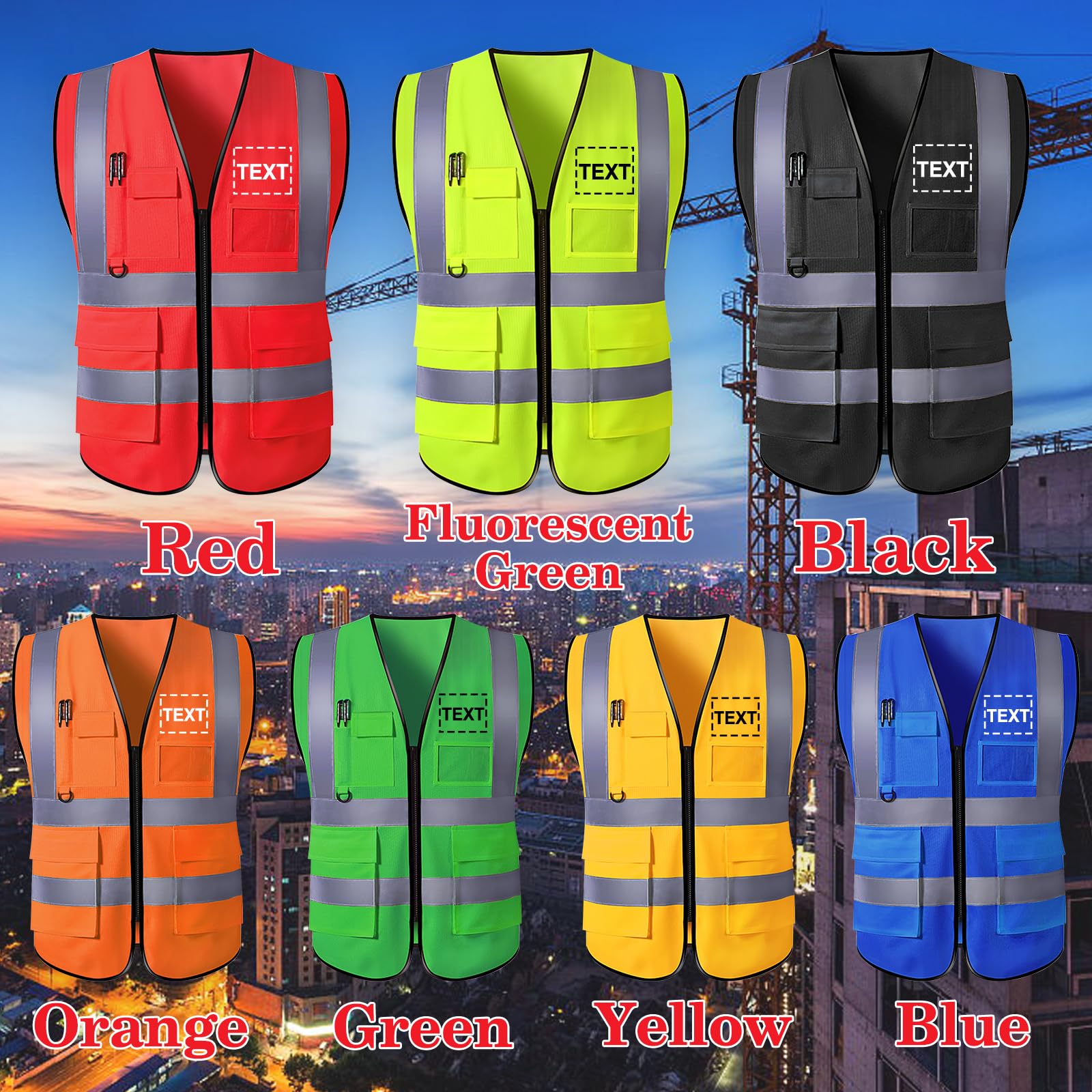 PFTPOW Custom Safety Vest for Men Personalized High Visibility Vest Workwear with Reflective Strip 5 Pockets