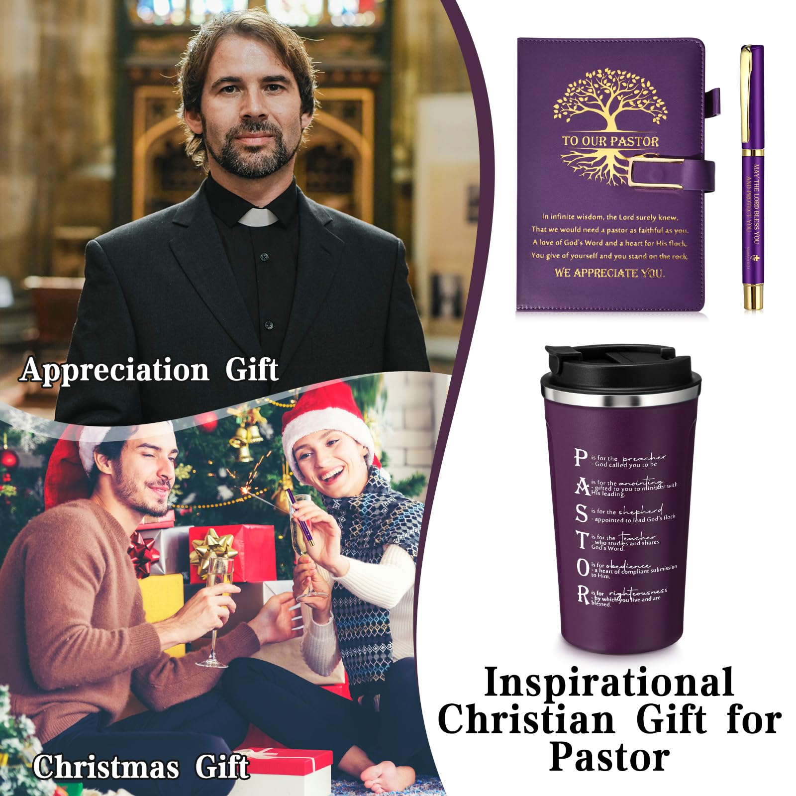 Set mit 3 Pastoren-Wertschätzungsgeschenken – Edelstahlbecher, A5, Tagebuch, inspirierender Kugelschreiber für Pastor, Mann, Ruhestand, Jahrestag, Geburtstag, Geschenk (Roman, Violett)