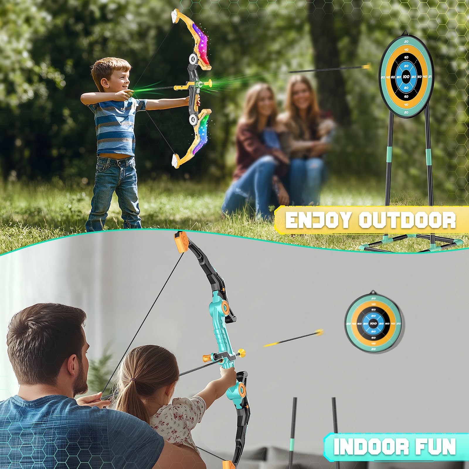 2 Pack Kids Bow and Arrow Set with Sound Effects & LED Flash Lights Achery Set, Indoor Outdoor Toys for Ages 4-8 8-12, Birthday Gifts for 3 4 5 6 7 8 9 10 11 12 Year Old Boys Girls Children, Yellow