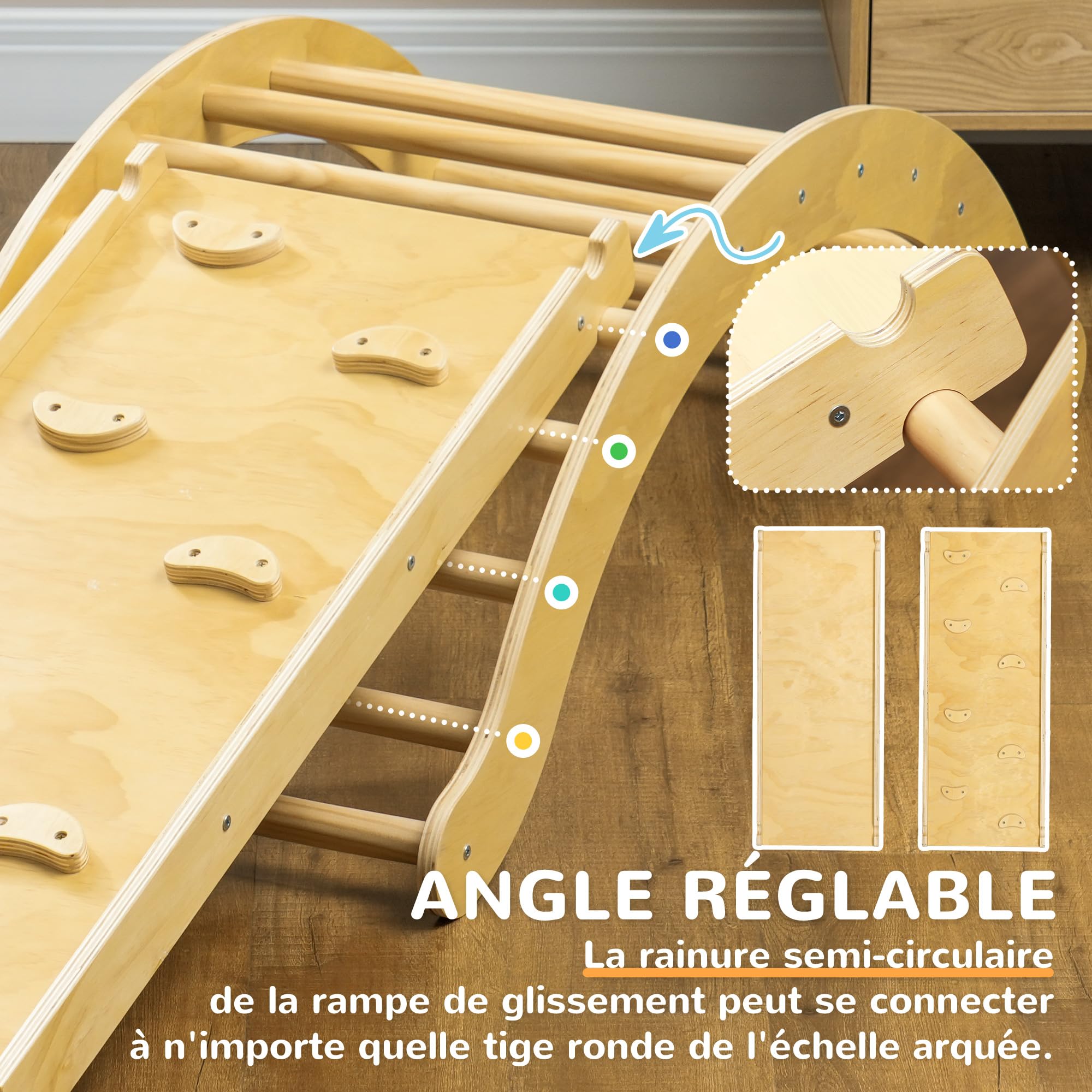 AIYAPLAY 4 en 1 Arche Escalade Enfants 18-48 Mois Charge 50 kg Bois Naturel | Chaise à Bascule avec Coussin, Rampe Double-Face pour Grimper & Glisser, Parcours Motricité Bébé en Bois