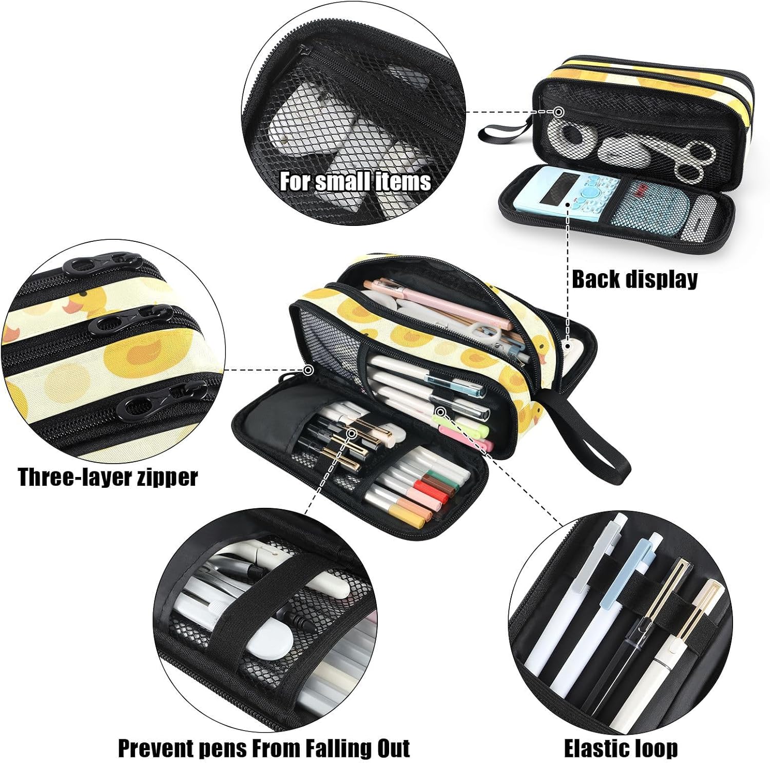 Fustylead Cute Cartoon Yellow Duck and Polka Dots Pencil Pen Case with 3 Compartments, Lightweight & Spacious Stationery Bag Cosmetics Bag - Image 4