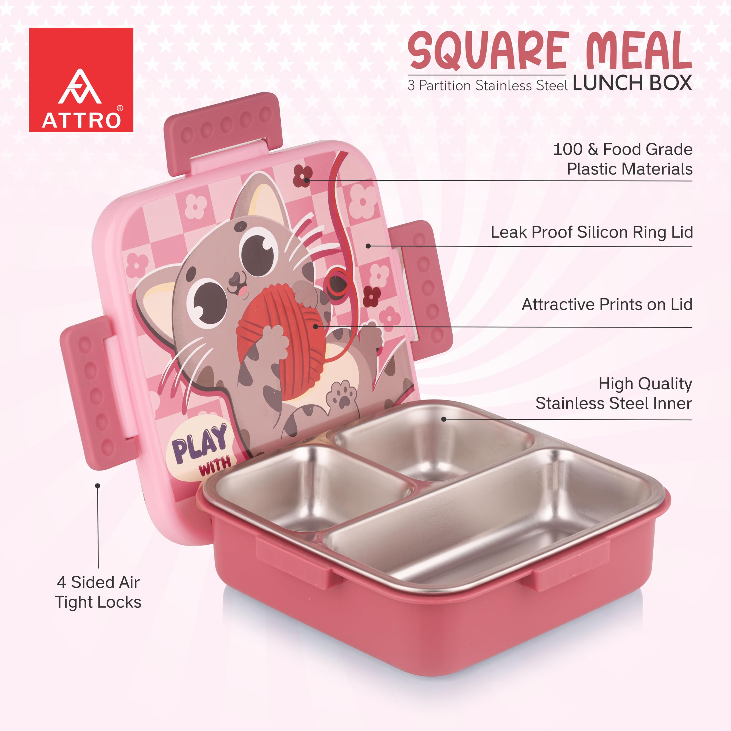ATTRO Kids Lunch Box - Stainless Steel 3 Compartment -2 ATTRO Kids Lunch Box - Stainless Steel 3 Compartment -2