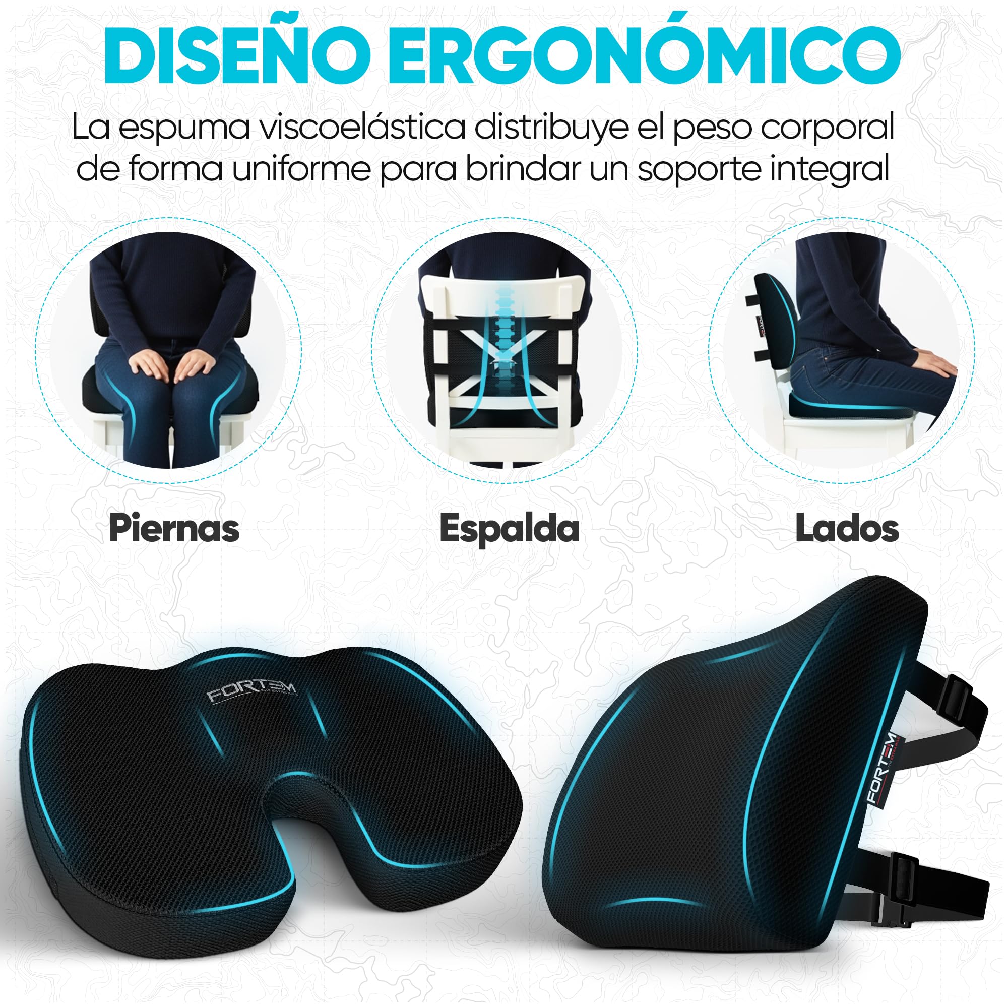 FORTEM Pack Cojín Silla Oficina y Almohada Lumbar - Cojín para Silla Ordenador en Forma De U y Almohada Lumbar con Espuma Viscoelástica para Asiento Coche, Gaming, Trabajo - Fundas Lavables