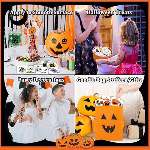 Miniatura 5 de Partywind 204 hojas envueltas individualmente, tatuajes de Halloween para suministros de fiesta de niños, decoraciones de fantasma de calabaza de