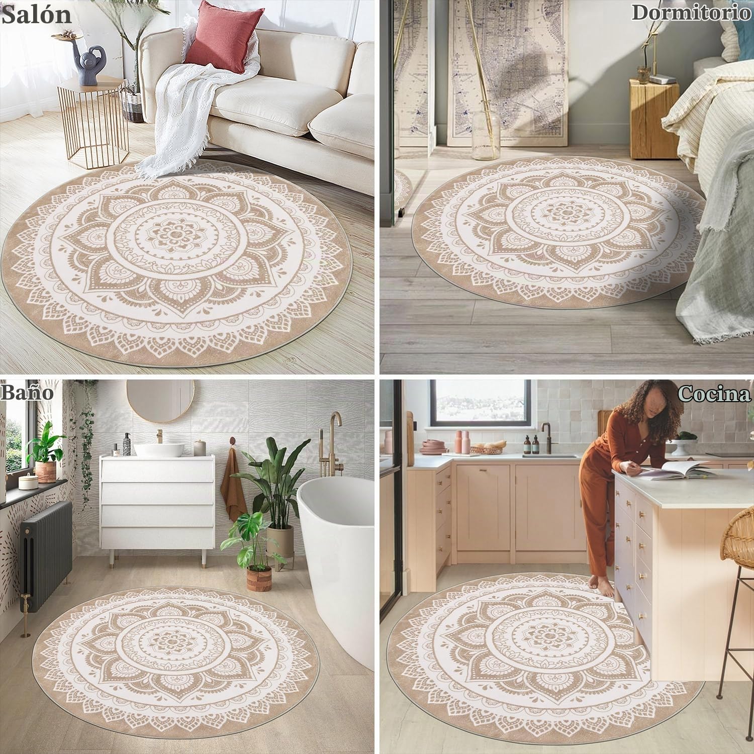 SHACOS Alfombra Redonda Salon Grande Beige 160 cm Alfombra Circular Lavable Antideslizante de Pelo Corto Suave Estilo Boho Decorativa Circular para Salón, Dormitorio