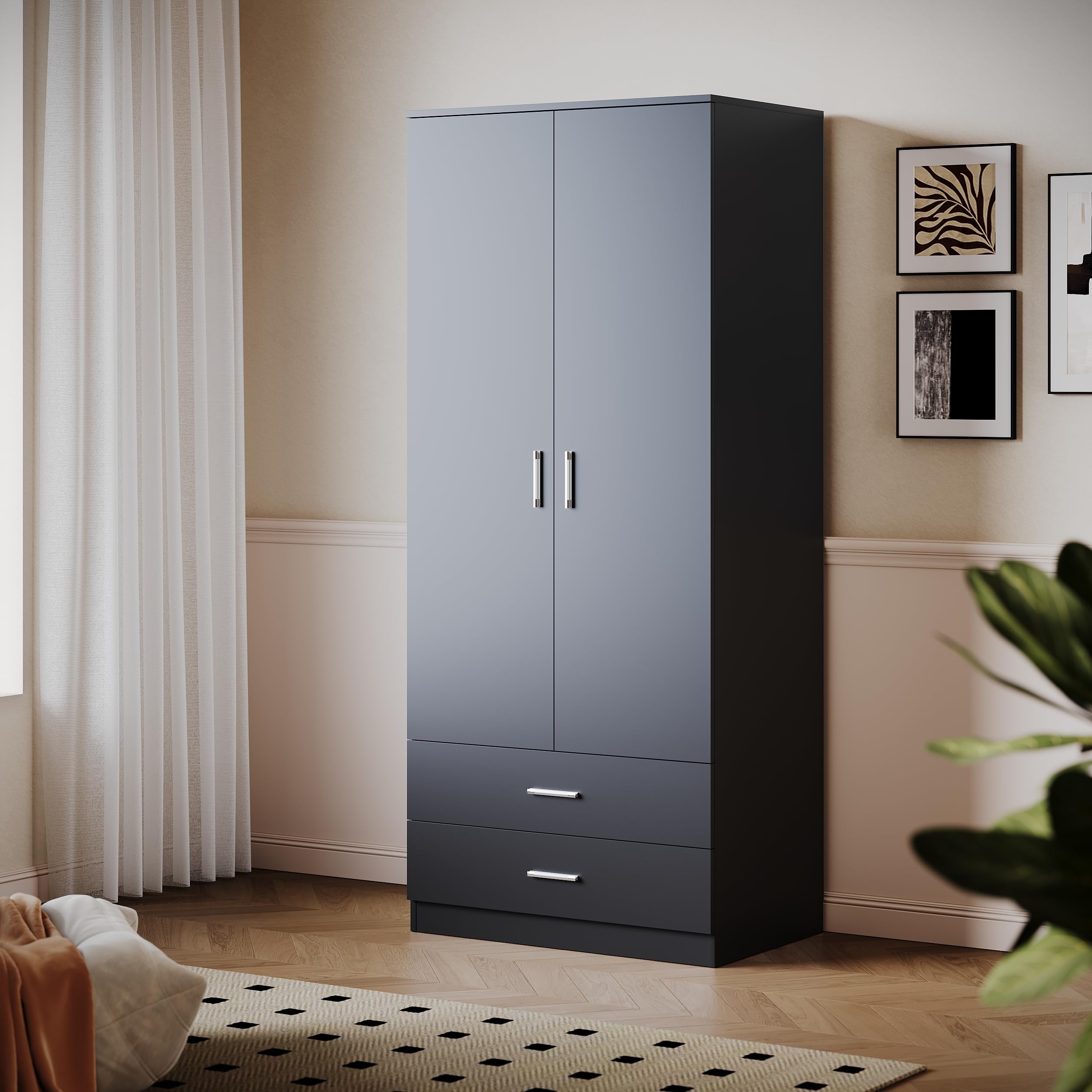 ELEGANT 2 Door Wardrobes with Clothes Hanging Rail and 2 Drawers, Black — image 1